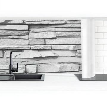 Bilderdepot24 Küchenrückwand schwarz-weiß dekor Muster Steinoptik 3D-Optik Landhaus Ashlar Masonry, (1-tlg., Nischenrückwand - für Fliesenspiegel ohne Bohren - matt), Spritzschutz Rückwand Küche Herd - Folie selbstklebend versch. Größen