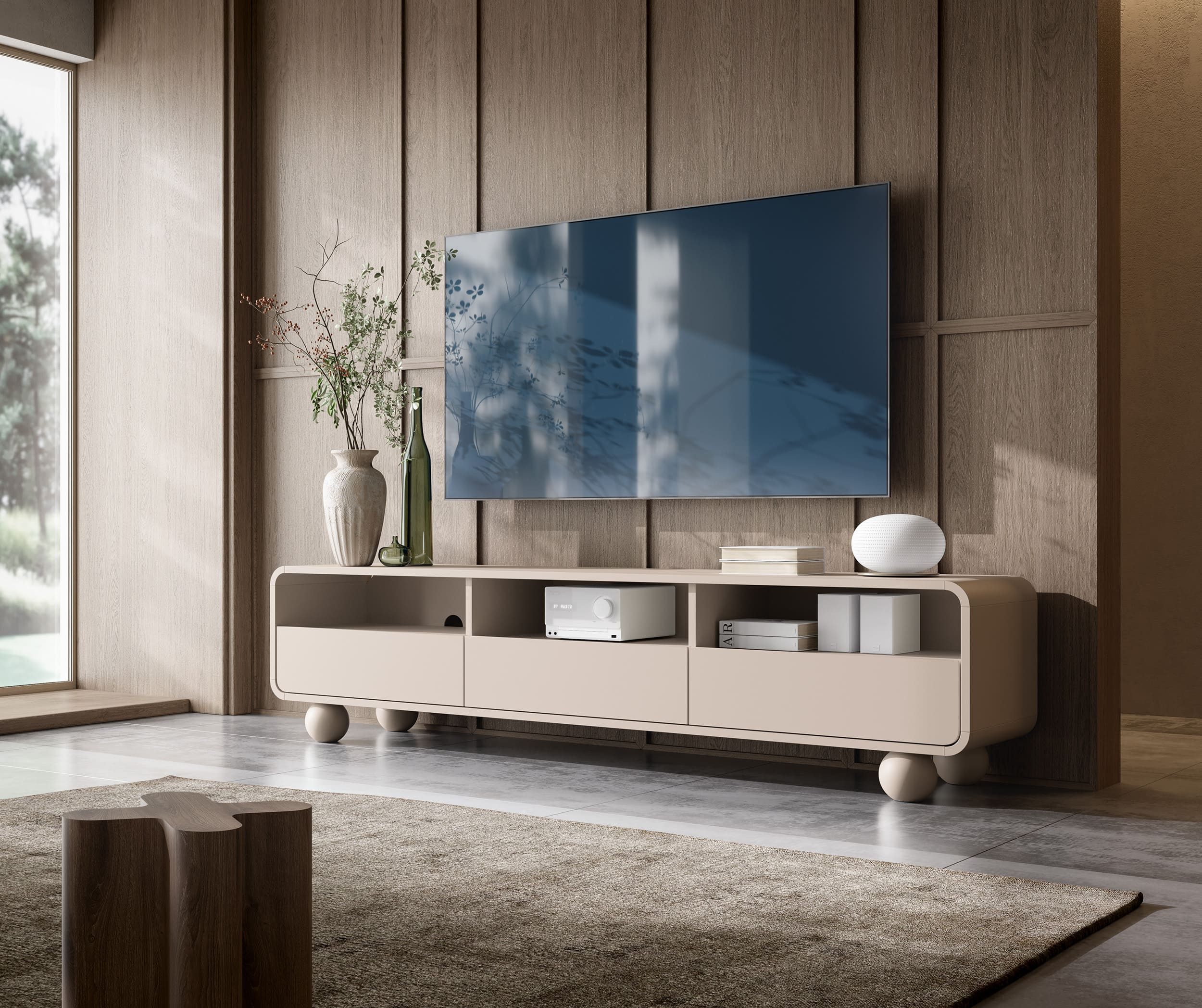 MOEBLO TV-Board BERLIN RTV 180 (in Kaschmir, modernes Lowboard mit 3 Schubladen, 3 offenen Fächern, Tip-on, Vollauszug und Kugelfüßen, 180 cm, TV Bank TV Tisch Fernseher Tisch TV Möbel), (BxHxT): 180 x 44 x 39 cm