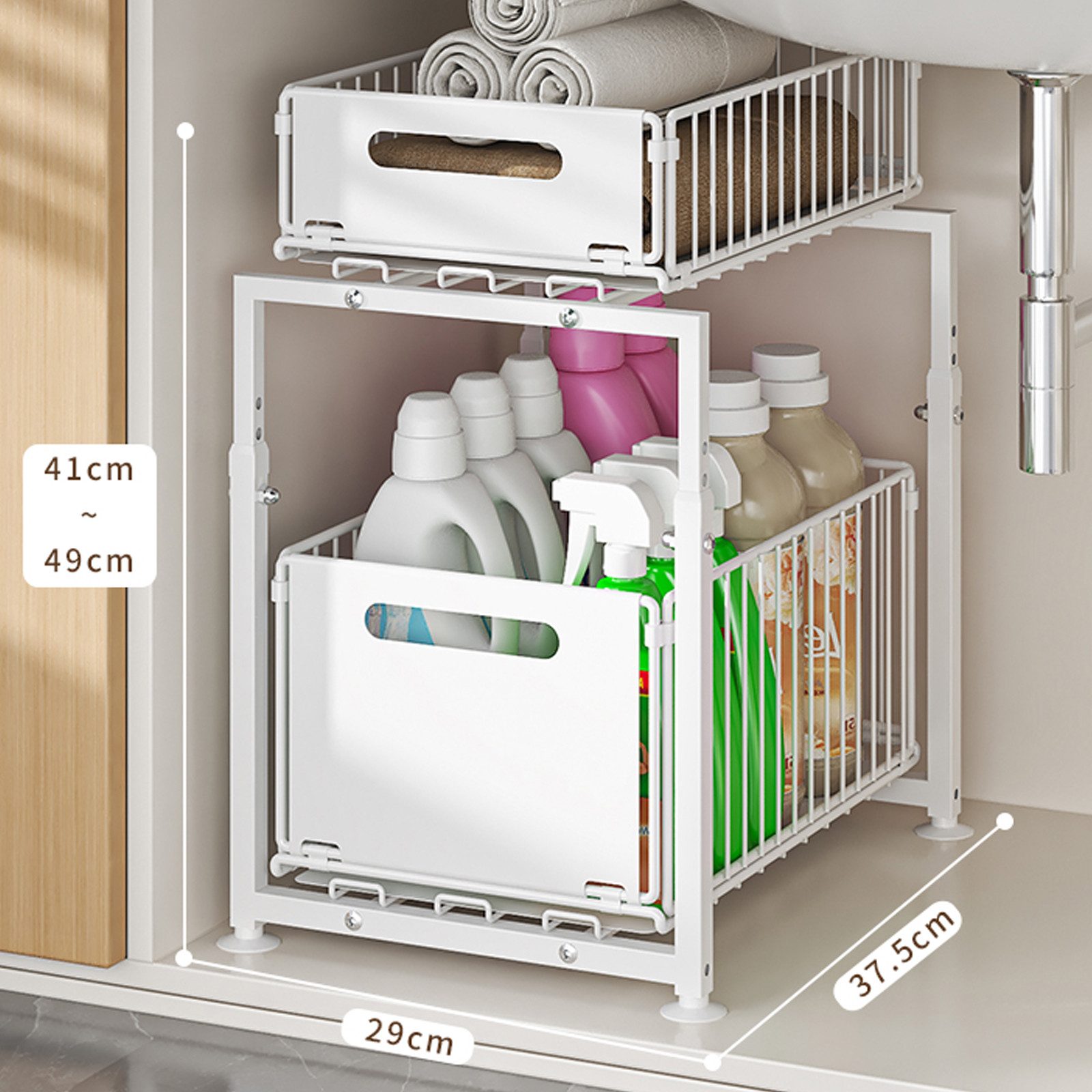AIMAX Regalelement Ablageregal Waschbecken Regal, 2-Stufiger Küchenschrank Organizer, Aufbewahrungsregal, Schiebefunktion, Höhenverstellbar, Platzsparend – Bild 2 von 5