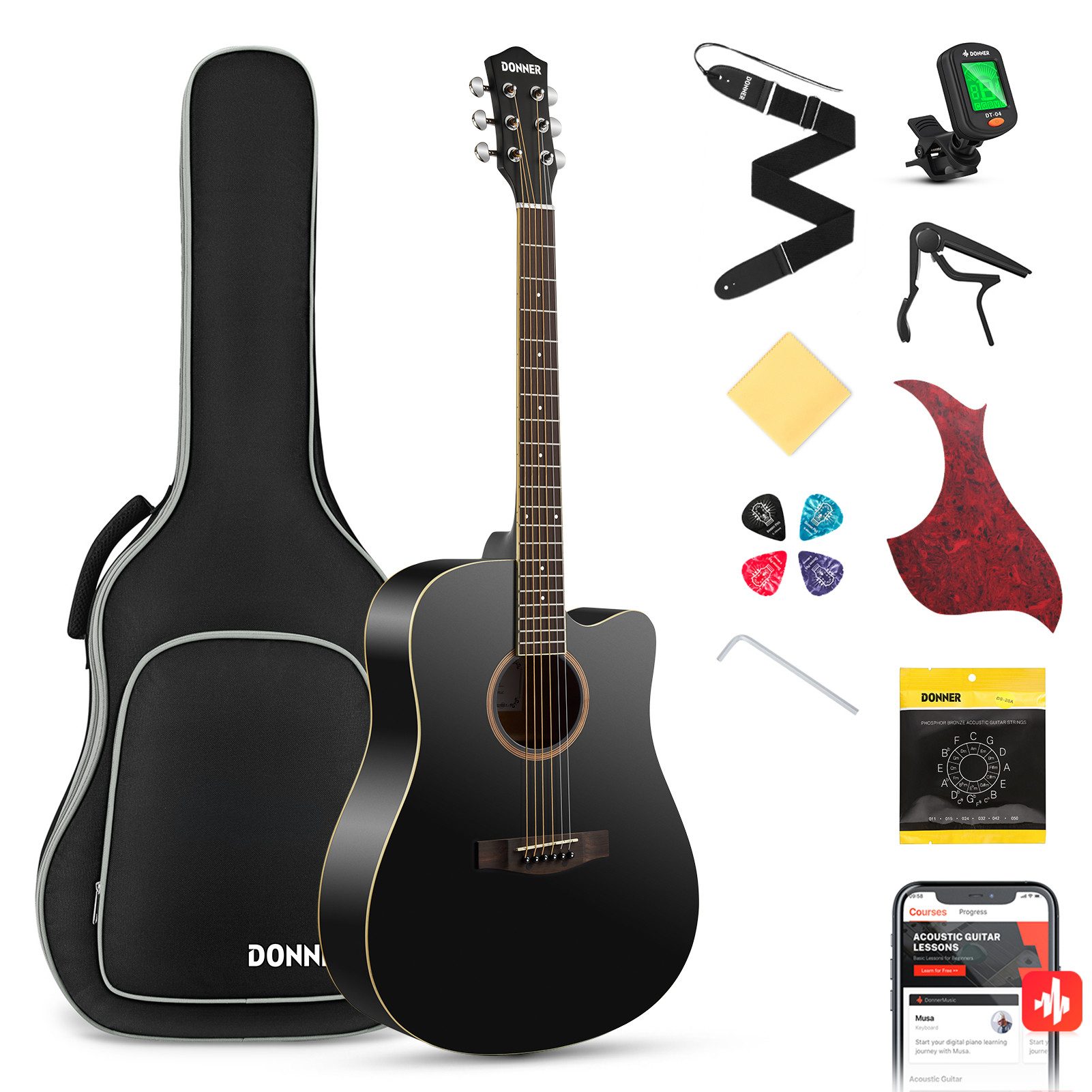Donner Akustikgitarre Akustikgitarre in voller Größe 41 Zoll DAG-1CB, Komplettset, mit Gigbag, Gurt, Stimmgerät, Schlagbrett, für Anfänger in voller Größe komplettes Anfängerset