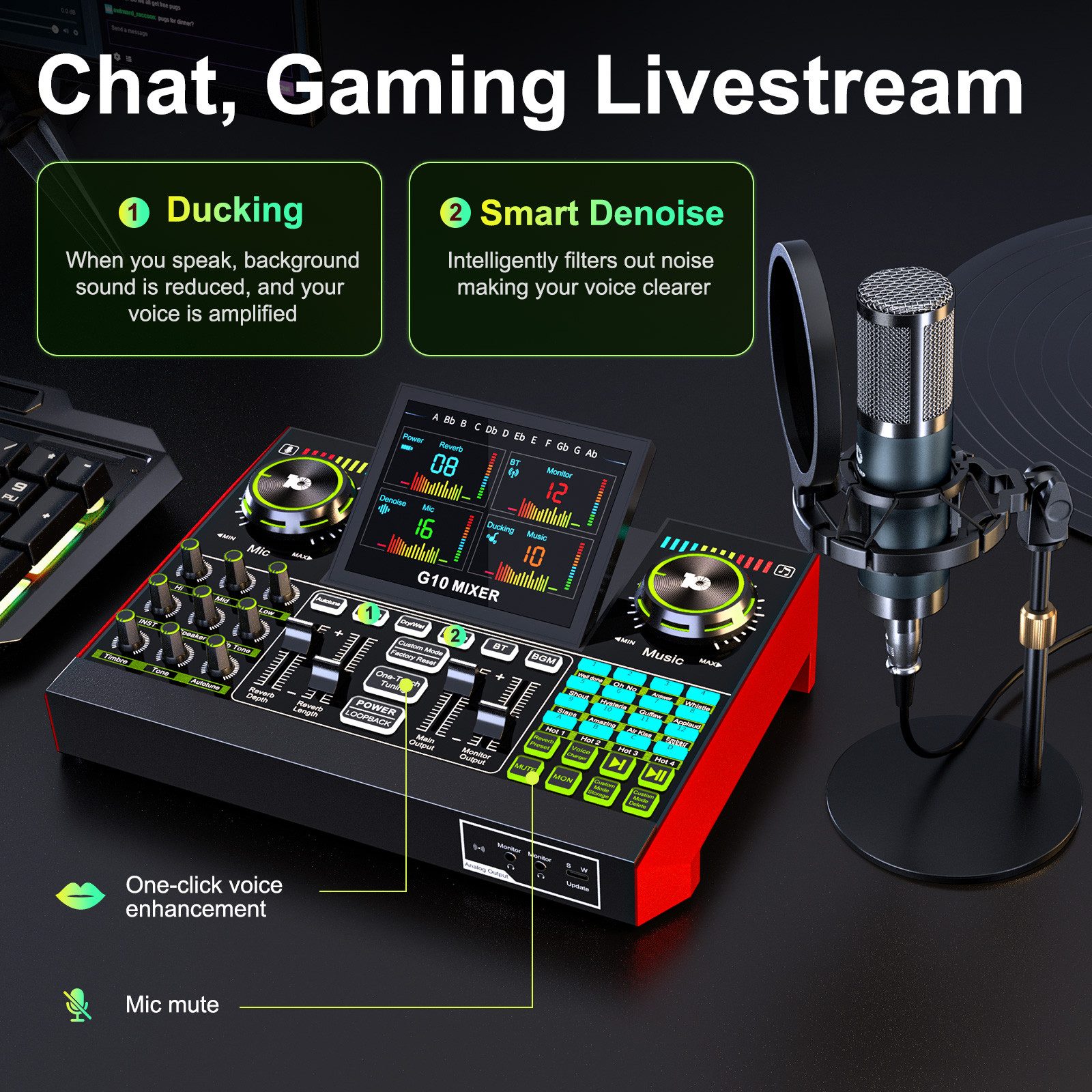 Tenlamp G10 Zehn Lampen Podcast- & Streaming-Set mit Mixer Soundkarte 7.1 Surround, USB-Plug-and-Play, Display, Stimmwechsel, Aufnahme, Hall