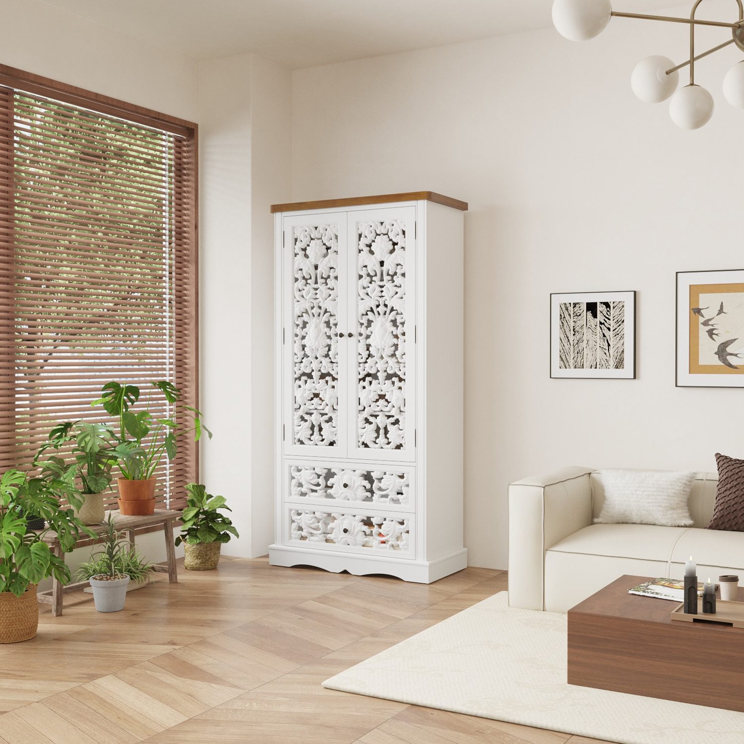 FUFU&GAGA Sideboard Sideboard mit Schnitzmuster, Buffet-Schrank weiß, HDF, Kommode