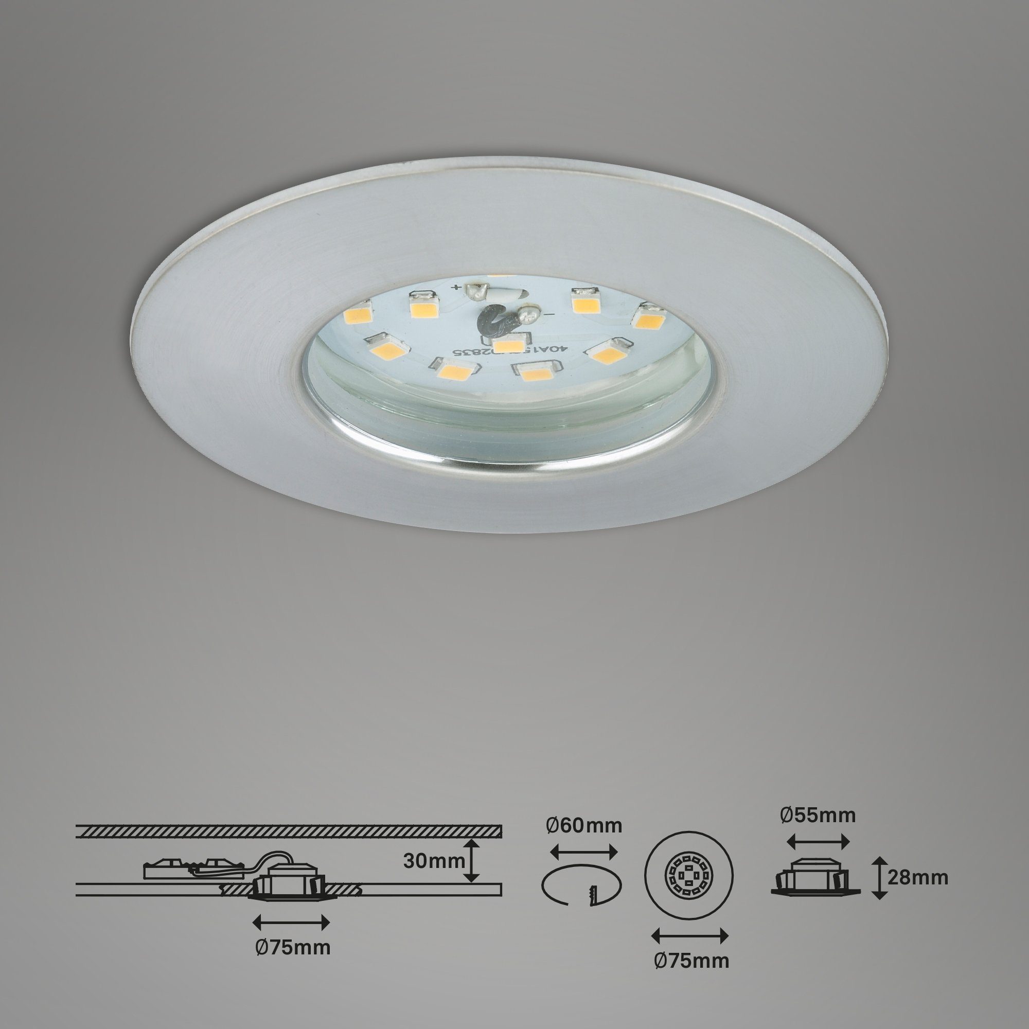 Einbauleuchte IP44 - für Einbauleuchte Bad 7,5cm Warmweiß, Ø LED dimmbar Briloner 7295-039, LED 3er SET verbaut, Leuchten fest