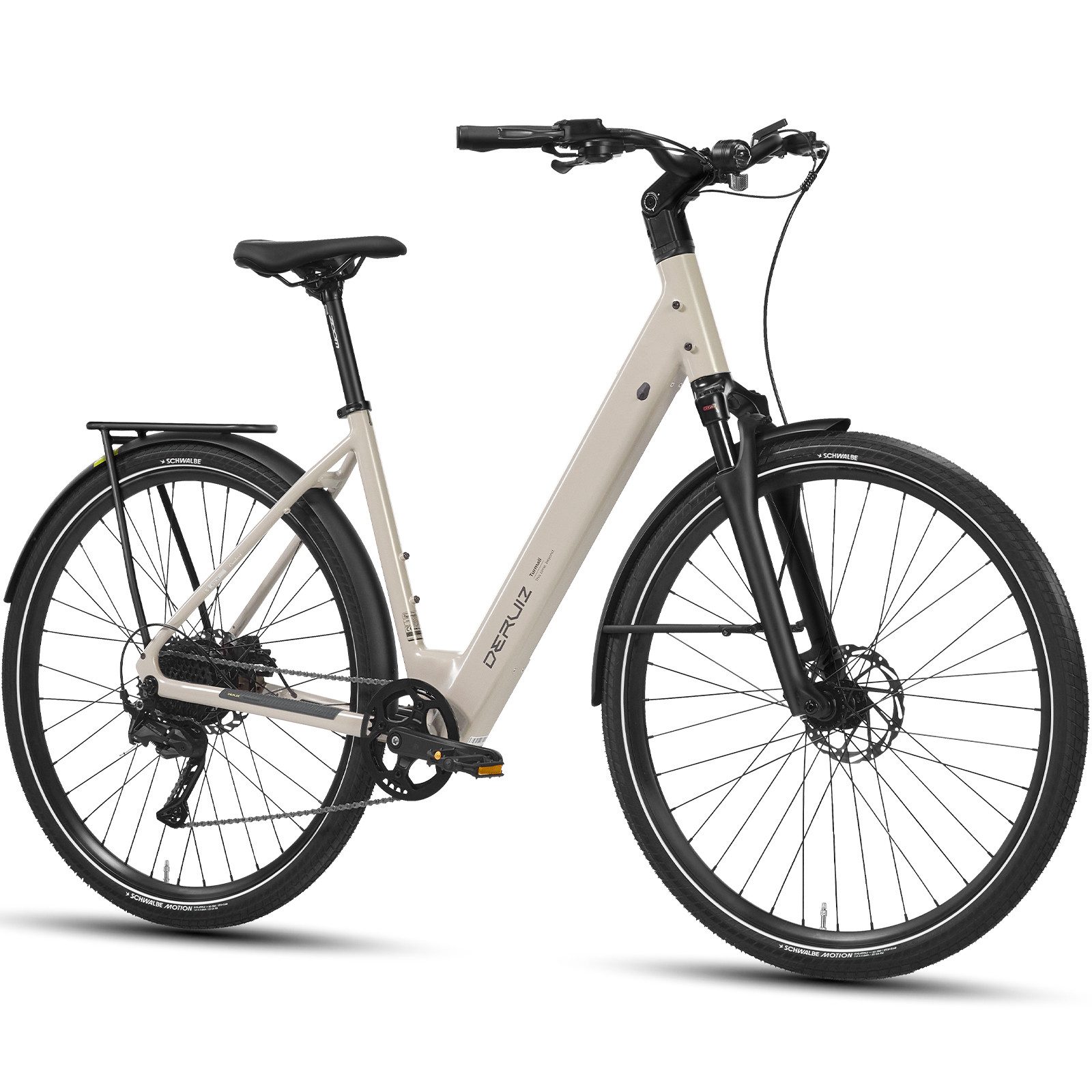 DERUIZ E-Bike Cityrad 28 Zoll Turmali Comfort, SHIMANO 9-Gang, Drehmomentsensor 40 Nm, 9 Gang SHIMANO, Heckmotor, 360 Wh, (Traglast ca. 140kg, RH:48,5cm, Tiefeinsteiger für Damen und Herren), 360-Wh-Akku, 63-mm-Federgabel, 21,8 kg, 5 Unterstützungsstufen
