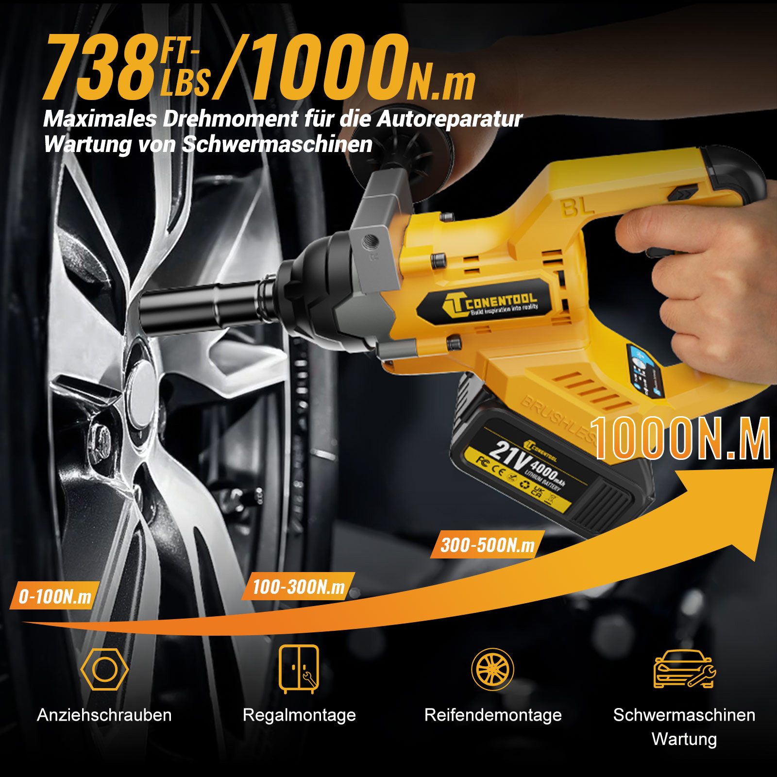 CONENTOOL Akku-Schlagschrauber 1000 Nm 21V Bürstenlos, 1/2" Zoll, 3000 U/min, (set, inkl. 2x 4 Ah Akkus und Ladegerat, 6 Steckschlüsseln), für Auto & Haushaltsmontage