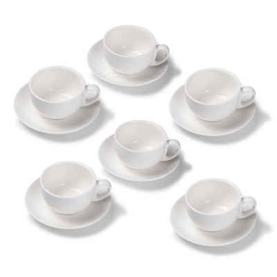 Terra Home Tasse 6er Milchkaffeetassen-Set, Weiß glossy 350 ml mit Untertasse, Porzellan, spülmaschinenfest,extra dickwandig