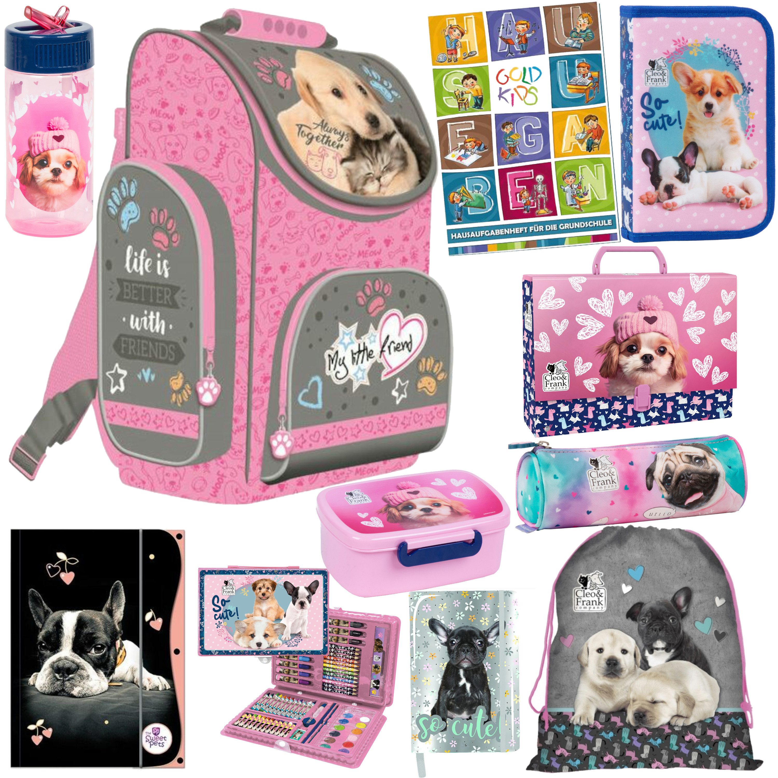 GOLDKIDS Schulranzen Set XXL 10er Ranzen Tornister Federmappe (Turnbeutel Brotdose Trinkflasche, 1-tlg., Kreative- Set Aktenmappe Stiftetasche), Aufgabenheft Hund Dog Motiv