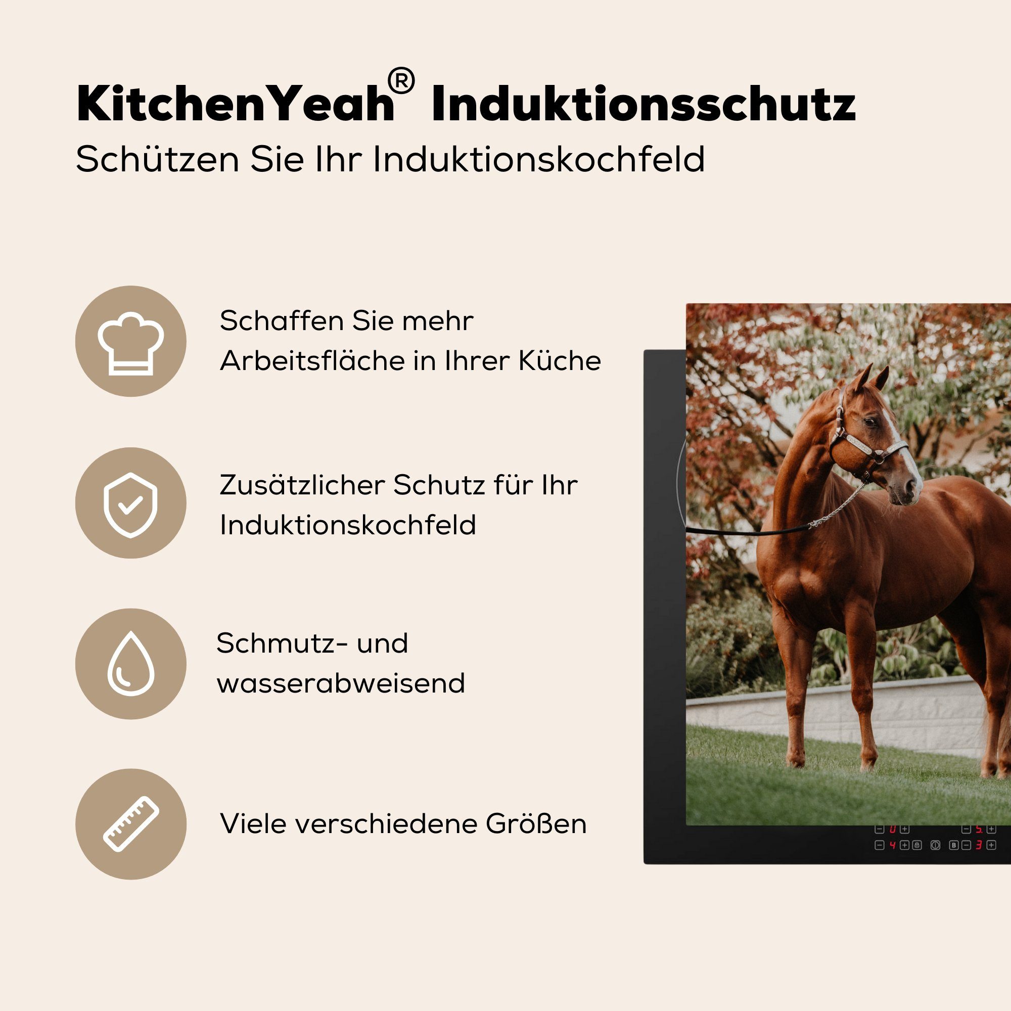 küche - (1 Vinyl, 78x78 - für Arbeitsplatte Baum Pferd tlg), cm, Halfter, MuchoWow Ceranfeldabdeckung, Herdblende-/Abdeckplatte