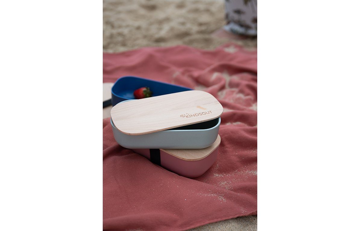 KINDSGUT Lunchbox Brotdose, Bio-Kunststoff dezente Bio-Kunststoff, Design, schönes Deckel hochwertige aus mit Qualität und Buchenholz, Aquamarin aus und Farben unlackiertem bruchsicher