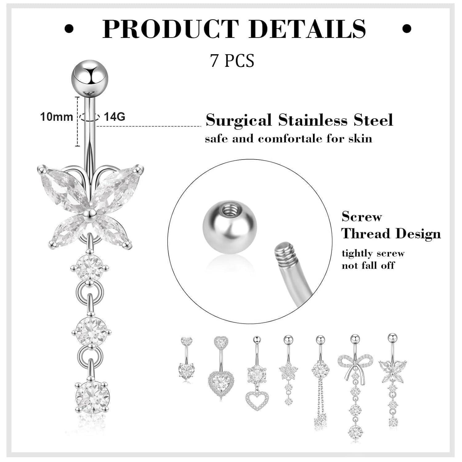 LuxusKollektion Bauchnabelpiercing-Set Bauchnabelpiercing Set 7 Stück Edelstahl Zirkonia Herz Wasserfest