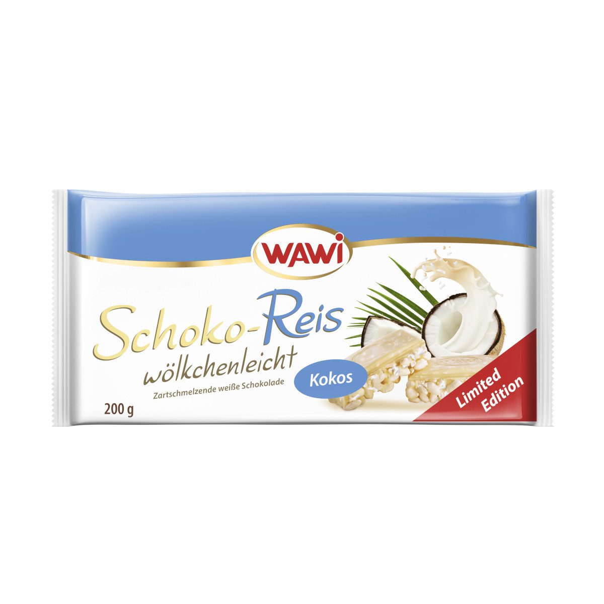 WAWI Schokolade, Wawi Schoko Reis Tafel weiße Schokolade feine Kokoscreme 200g