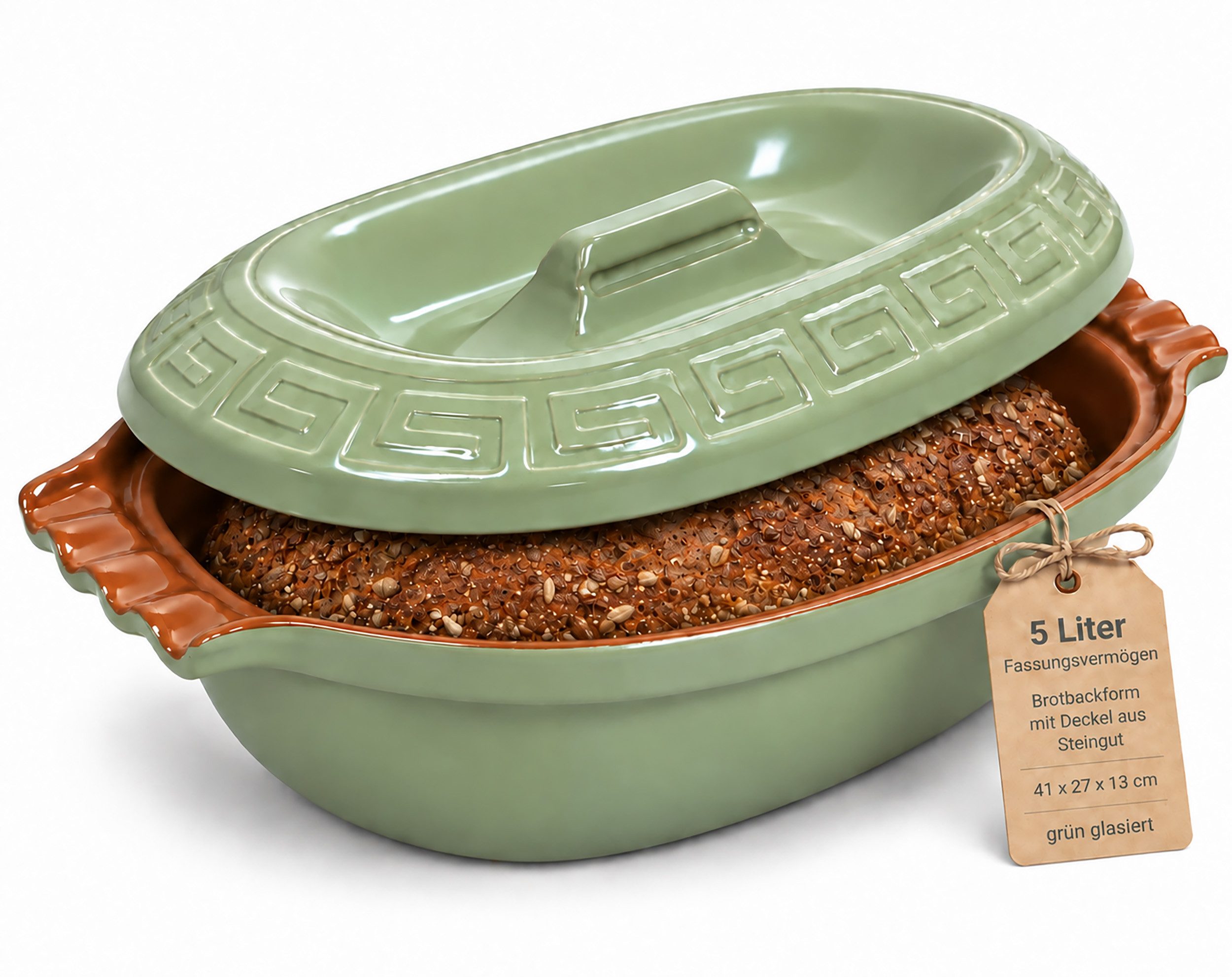 KERAZO Brotbackform 5L Keramik Bräter oval mit Deckel Brottopf Auflaufform 41x27x13cm grün, Mit dekorativem Relief am Deckel und markant geformten Seitengriffen