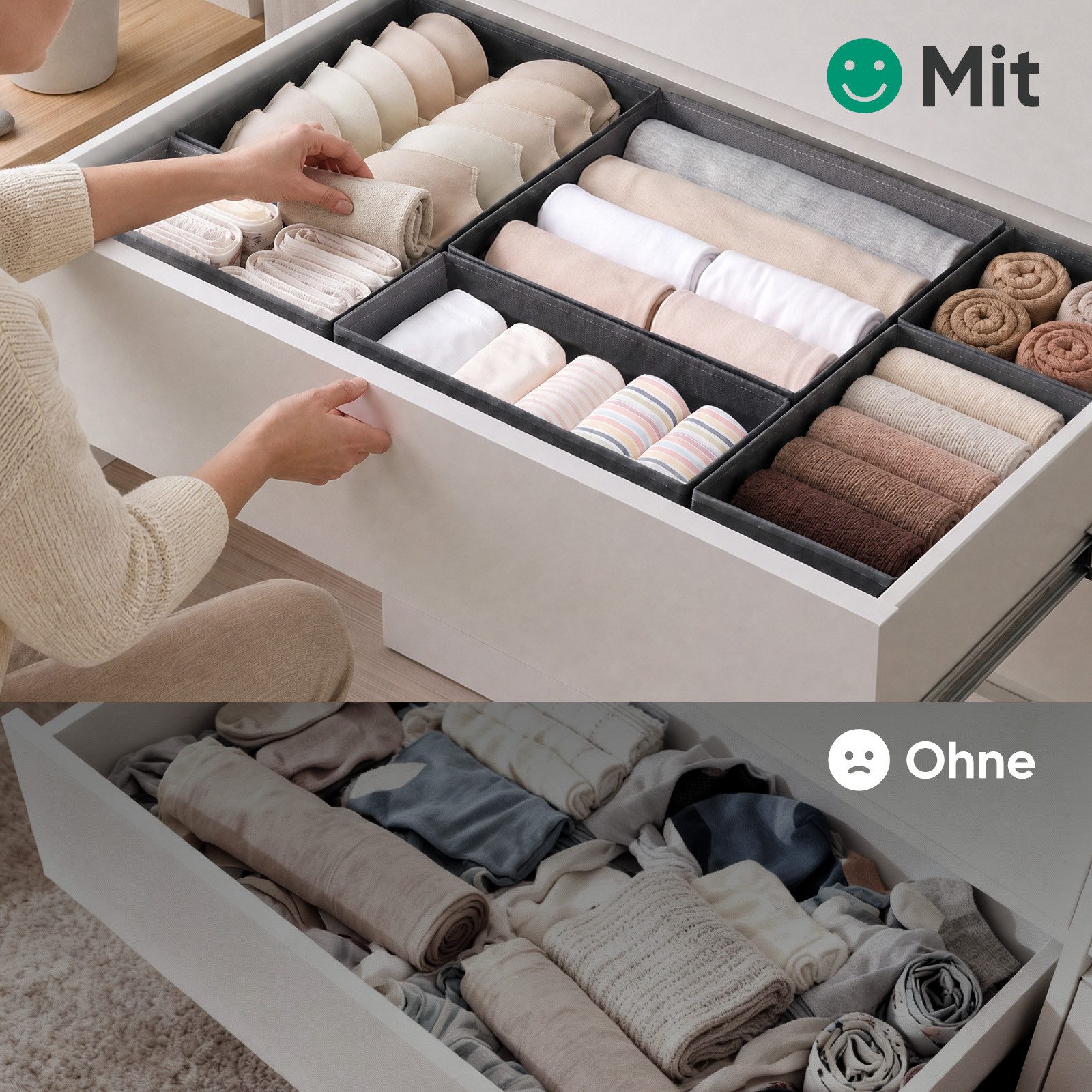 Sekey Aufbewahrungsbox Schubladen Organizer aus Vliesstoff – faltbare Aufbewahrungsboxen, 12er-Set für MALM Kommode, 3 Größen, ohne Trennfächer