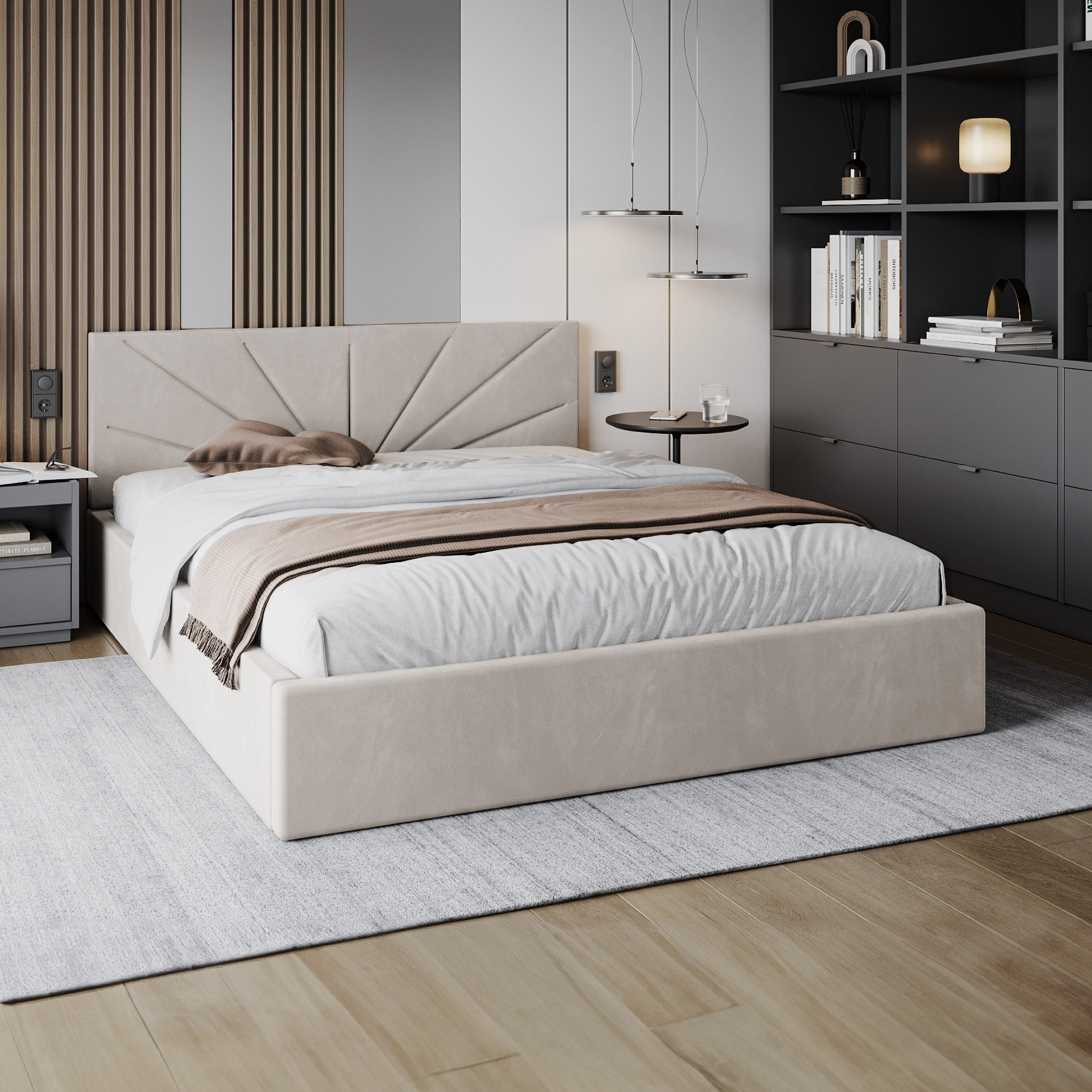 FDM Polsterbett SUNSET Bettgestell MADE IN EU - mit hochwertigem Velours Bezug (verfügbar 90x200 120x200 140x200 160x200 180x200cm, Bettrahmen, Bett, mit großen gepolsterten Kopfteil, mit Bettkasten zum aufklappen), Hebbarer Metallrahmen, Bettkasten, ohne