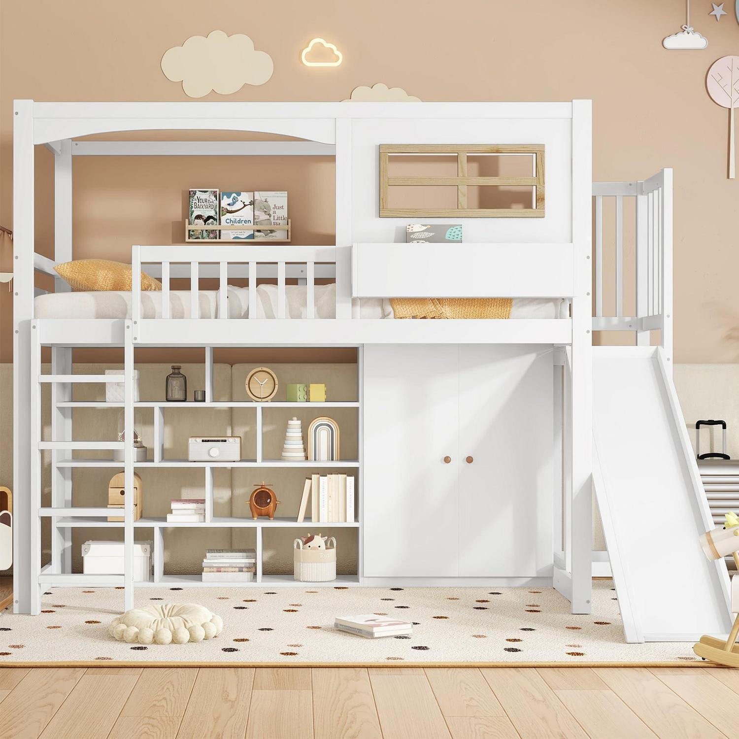 LuxusKollektion Spielbett Hochbett 90x200 cm mit Rutsche Kleiderschrank weiß
