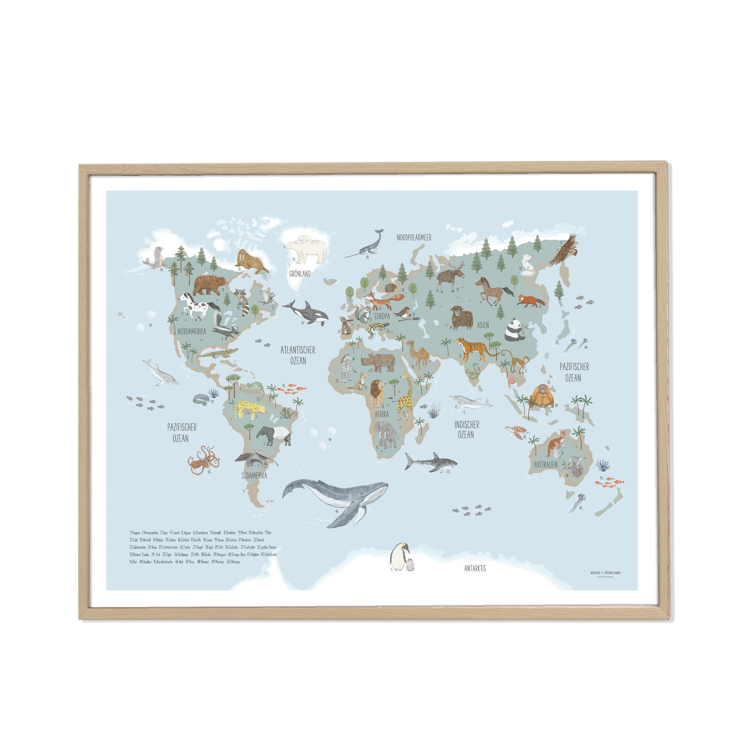 Designforlittleones Poster Poster Weltkarte mit Tieren bleu, handillustrier günstig online kaufen