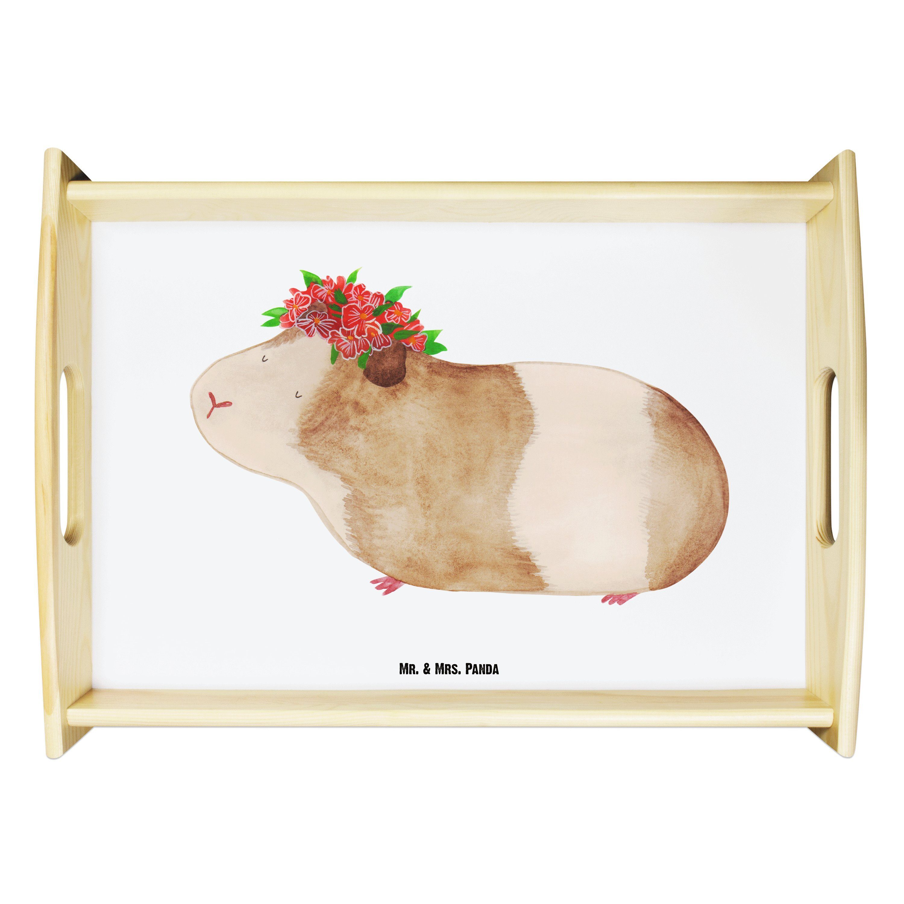 Mr. & Mrs. Panda Tablett Meerschweinchen weise - Weiß - Geschenk, Holztablett, Tablett, Blumen, Echtholz lasiert, (1-tlg)