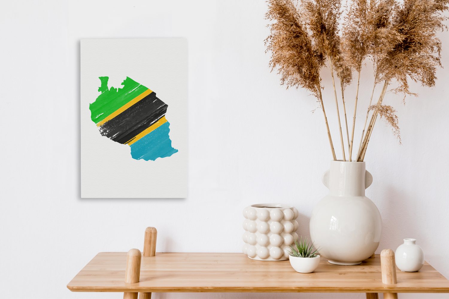 inkl. Gemälde, Karte cm Tansania Leinwandbild (1 fertig Leinwandbild Zackenaufhänger, mit St), OneMillionCanvasses® bespannt Flagge, 20x30 von
