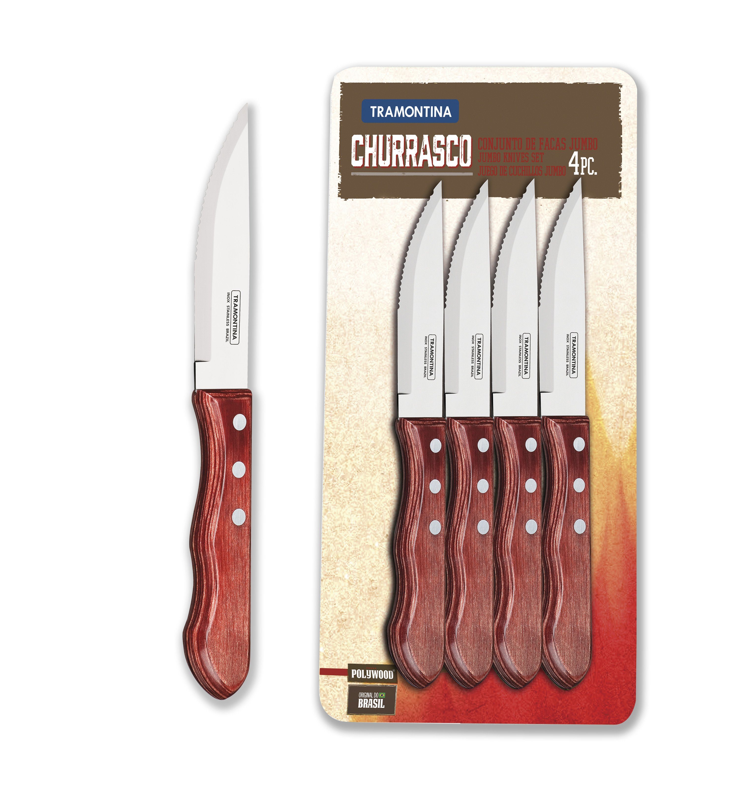 Tramontina Steakmesser JUMBO (4 Stück), Echtholzgriff, rostfreier Edelstahl, spülmaschinenfest