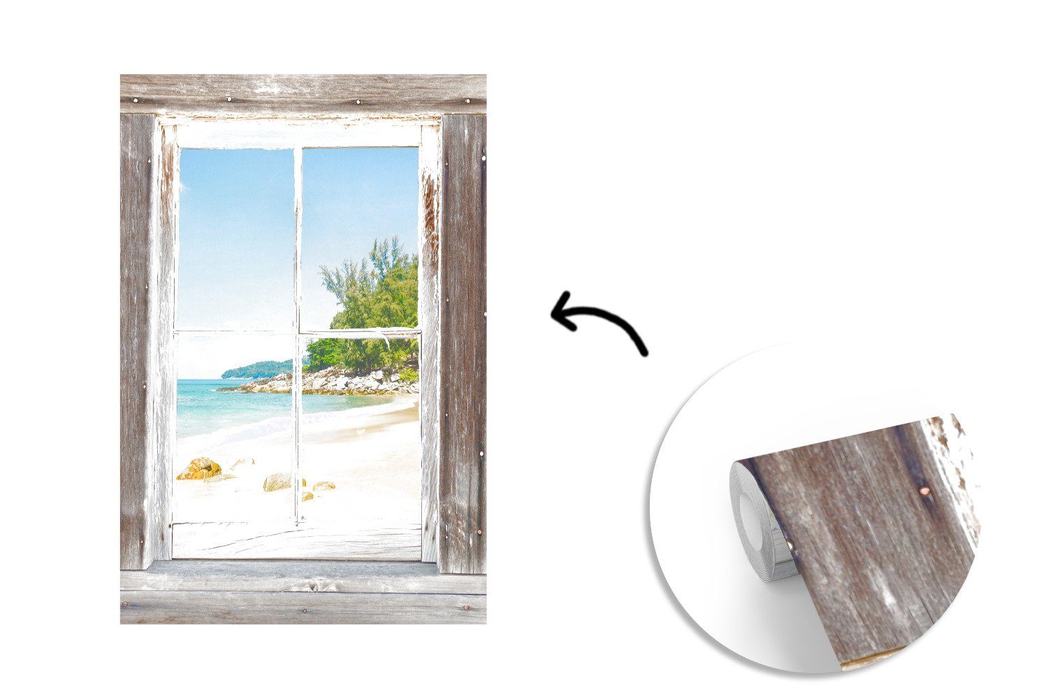 St), Vinyl Montagefertig bedruckt, Strand - Durchblick MuchoWow Wandtapete Holz, Matt, für Fototapete (3 Wohnzimmer, Tapete -
