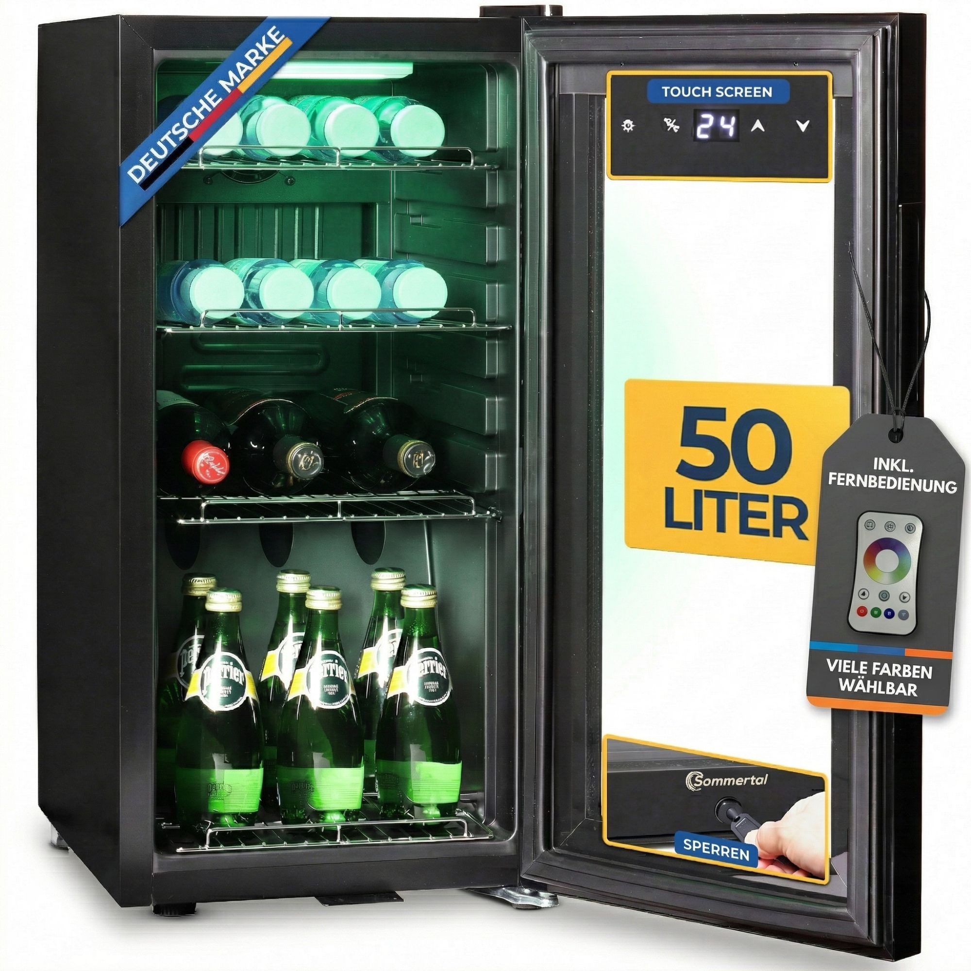 Sommertal Getränkekühlschrank GK 50L, 70 cm hoch, 35 cm breit, Gefrierfach mit RGB LED, Touchscreen & Schloss kleiner Kühlschrank
