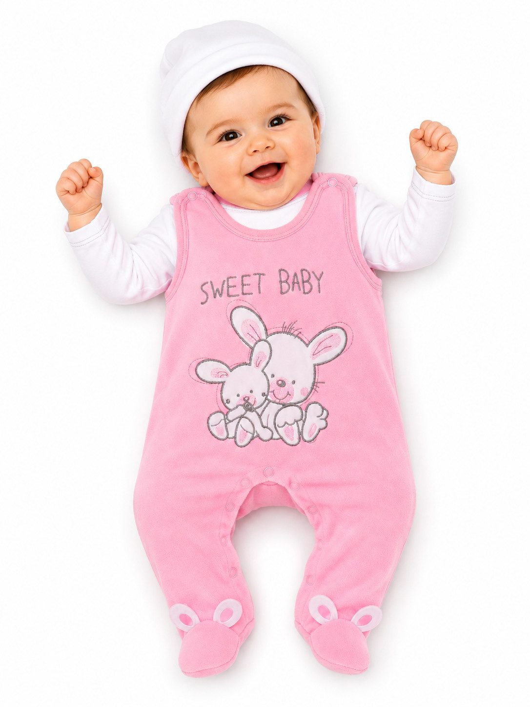 Strampler, Jäckchen & Mütze Stramplerhose Mütze Shirt Baby Anzug 3Tlg in Rosa mit Hasen