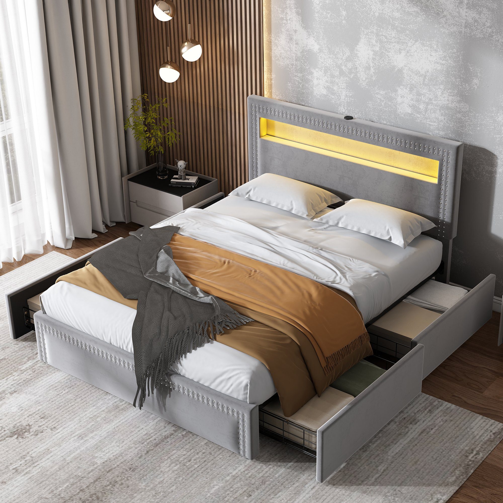 Polsterbett (140 x 200 cm Bett mit 4 Schubladen, LED Beleuchtung und USB-Anschluss), Doppelbett mit Lattenrost und Fernbedienung, hohem Kopfteil, Samt