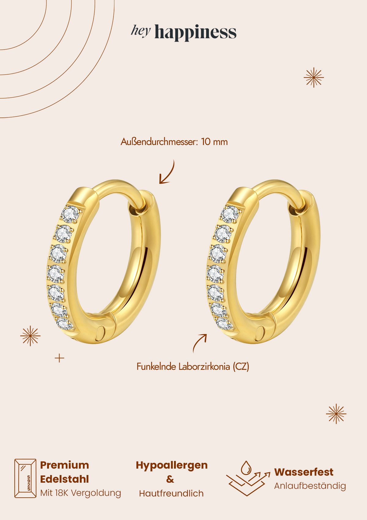 Hey Happiness Paar Creolen Damen Zirkonia, Edelstahl Ohrringe Klein Mittel 18K vergoldet, Klappcreolen in Gold Kristalle rund, wasserfest – Bild 4 von 5