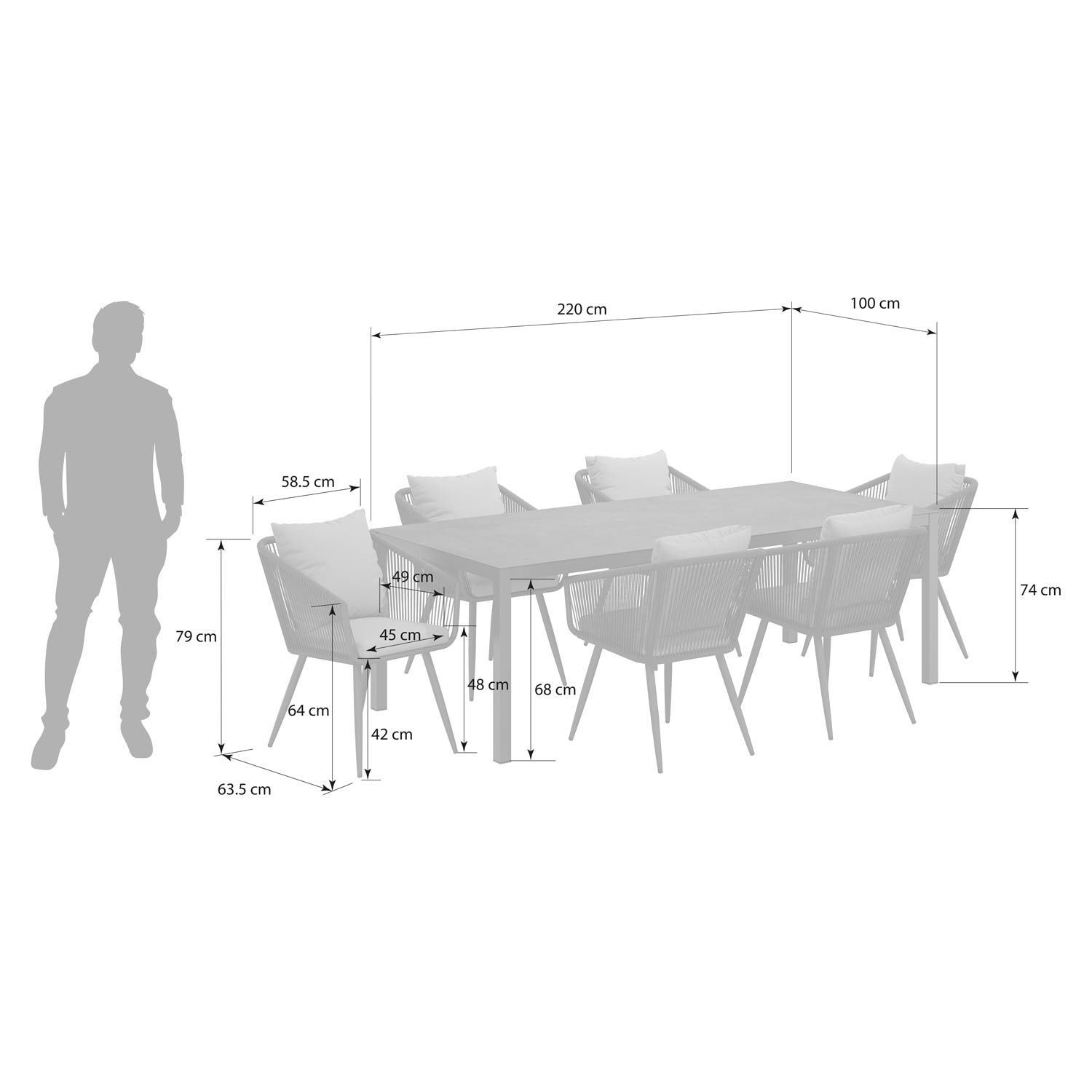 OUTLIV. Garten-Essgruppe OUTLIV. Alex Gartenmöbel-Set L Tisch 220x100cm Glaskeramik/Anthrazit, bestehend aus 6 Stühlen + 1 Tisch inklusive Auflagen