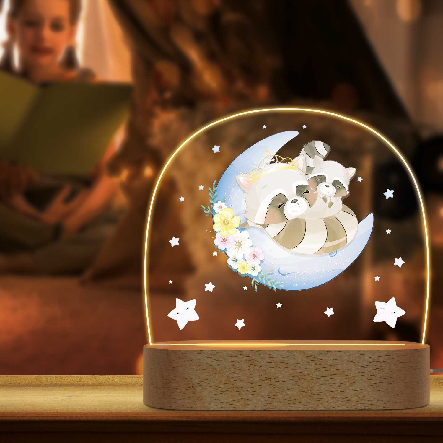 GRAVURZEILE LED Nachtlicht für Kinder, Beruhigend und Energiesparend - Mond Design - Waschbär, LED, 3 Lichtmodi: Warm- Kalt- und Mischweiß, Geschenk für Kinder & Baby
