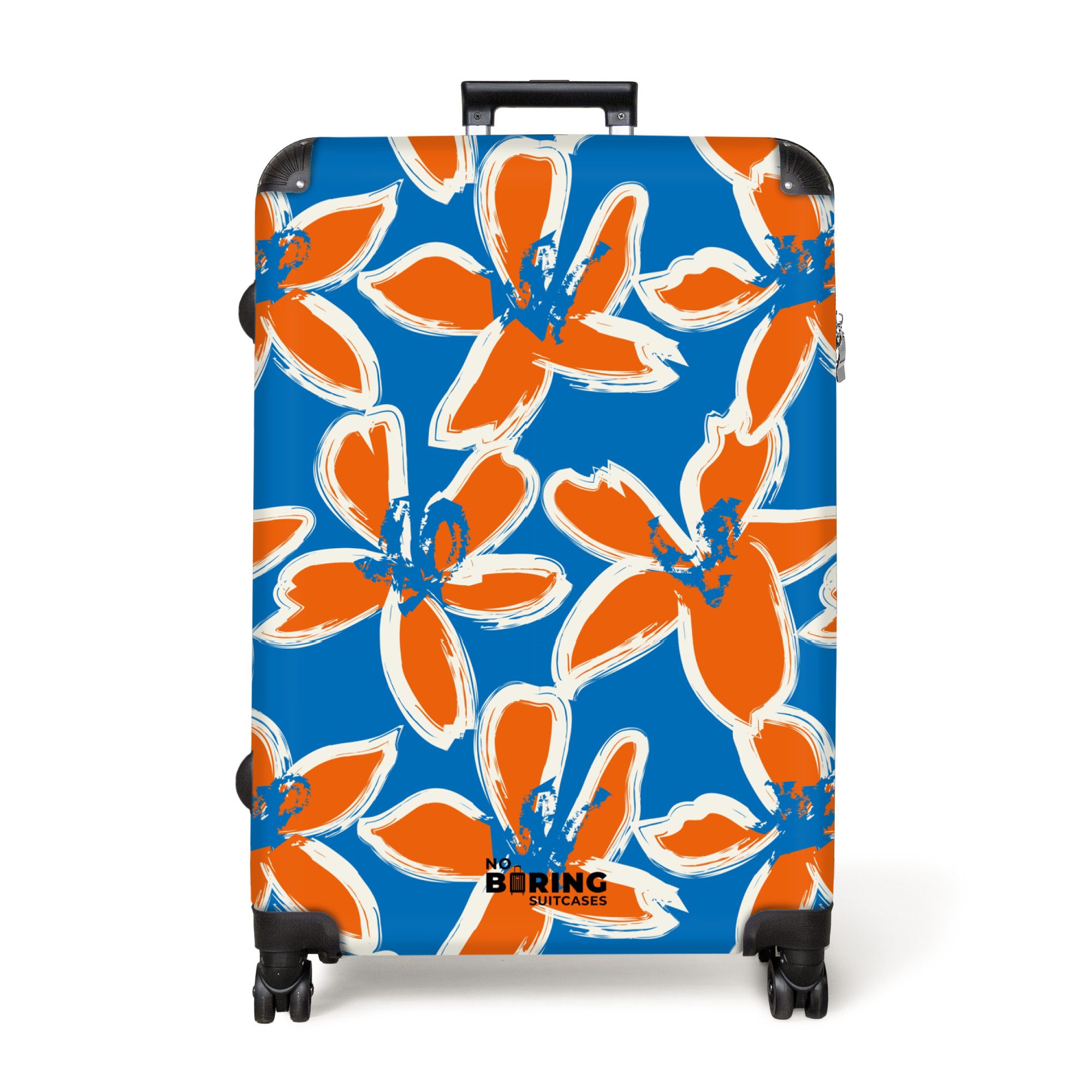 NoBoringSuitcases.com© Hartschalen-Trolley Blau mit orangefarbenen Blumen günstig online kaufen