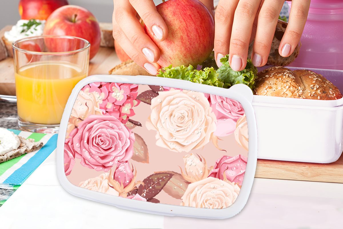 Brotbox Brotdose, MuchoWow für - Rosa Kunststoff, - Rosen Mädchen und - Weiß und (2-tlg), Lunchbox Collage, Kinder Jungs für Erwachsene,