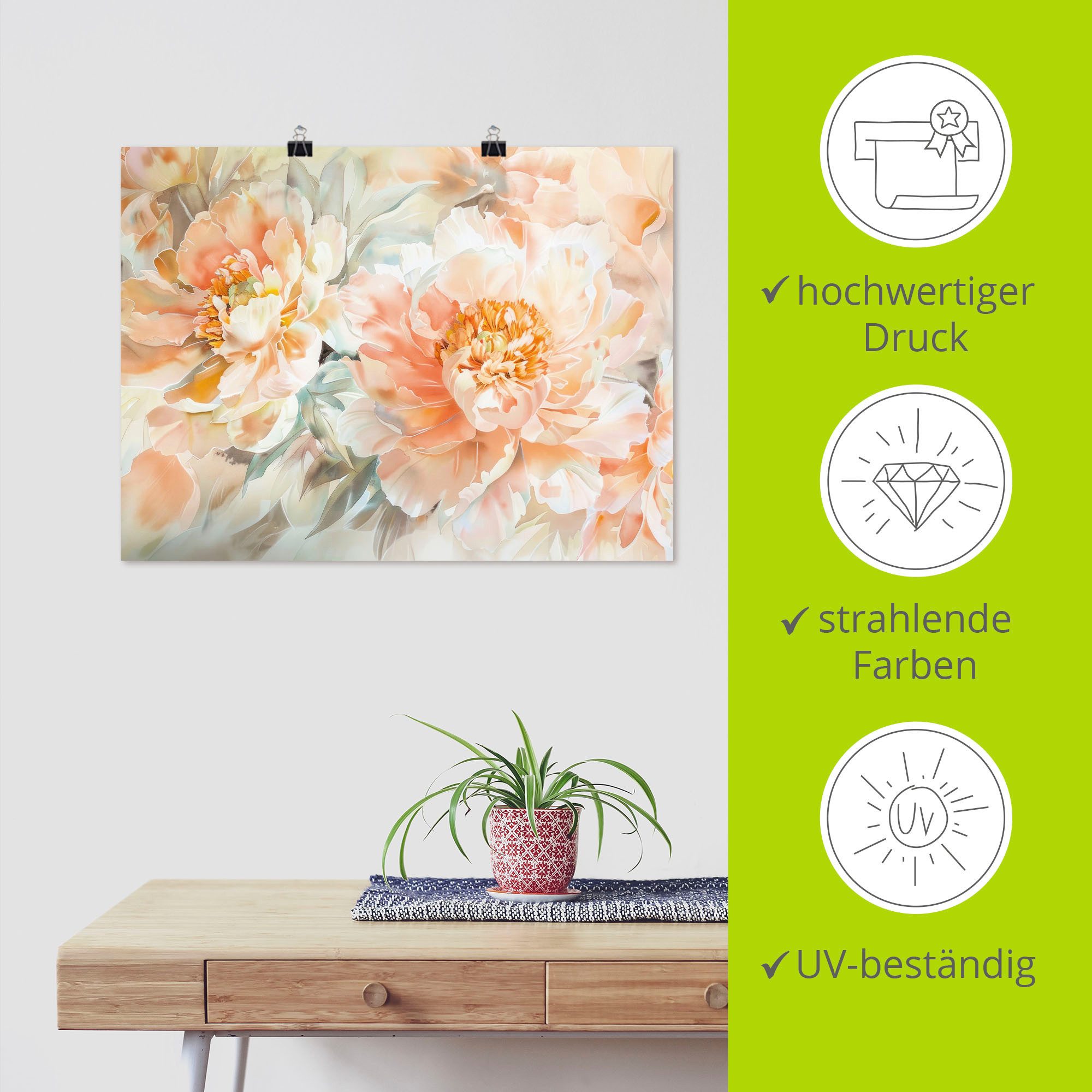 Artland Wandbild Pfirsisch Farbene Pfingstrosen Aquarell, Blumenbilder (1 St), als Alubild, Leinwandbild, Poster, Wandaufkleber in verschied. Größen