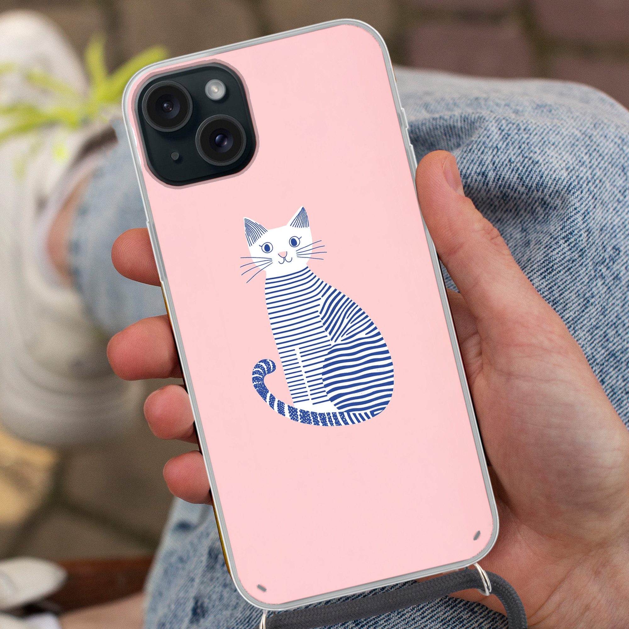 MuchoWow Handyhülle für Apple iPhone 15 Plus Katze - Illustration - Minimalistisch - Rosa, Tragbare Handyhüllen mit Kette zum umhängen, Handykette Handyband