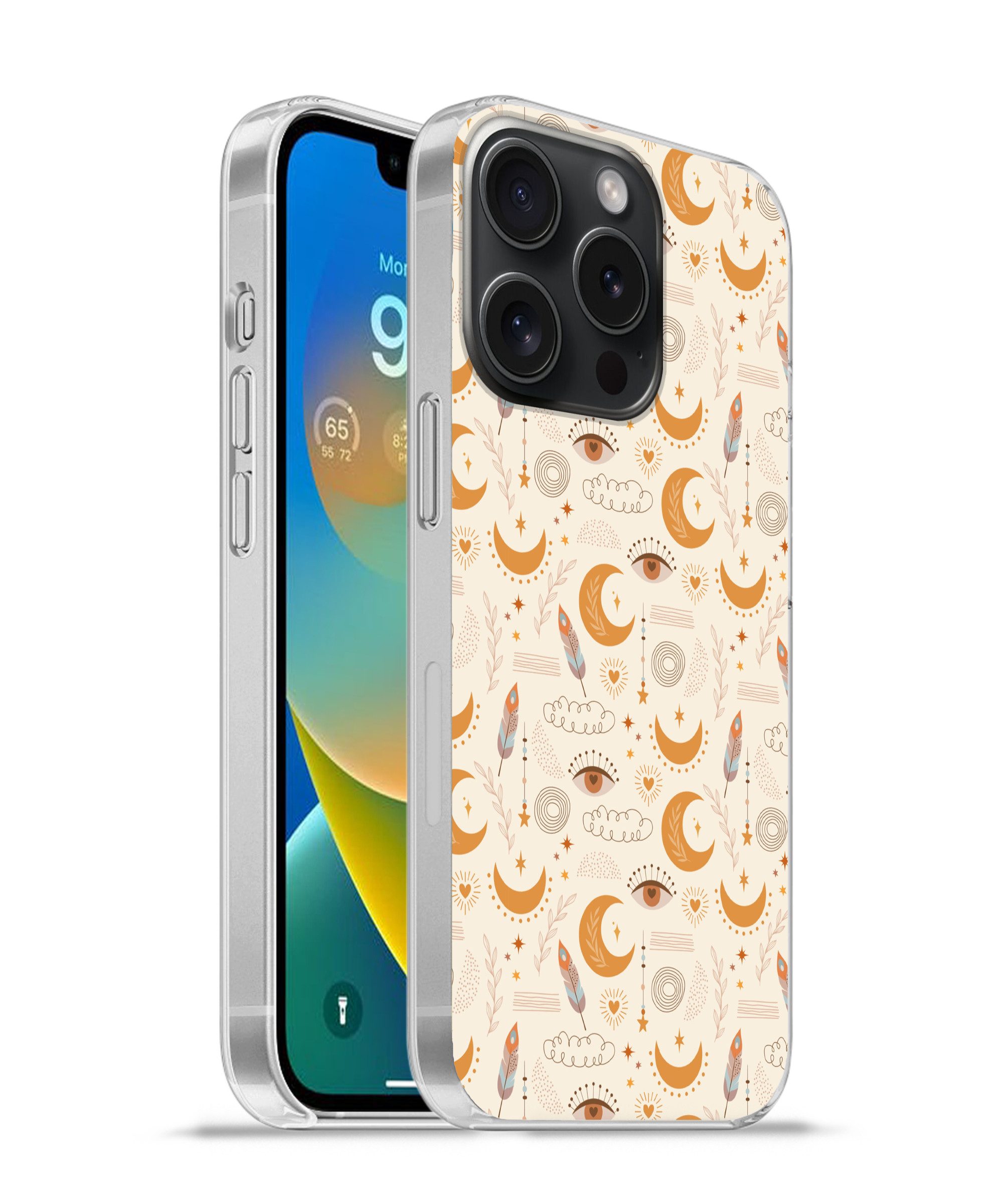 MuchoWow Handyhülle für Apple iPhone 15 Pro Boho - Druck - Augen - Mond - Federn - Beige, Smartphone-Bumper, Print, Handy Schutzhülle Dünn