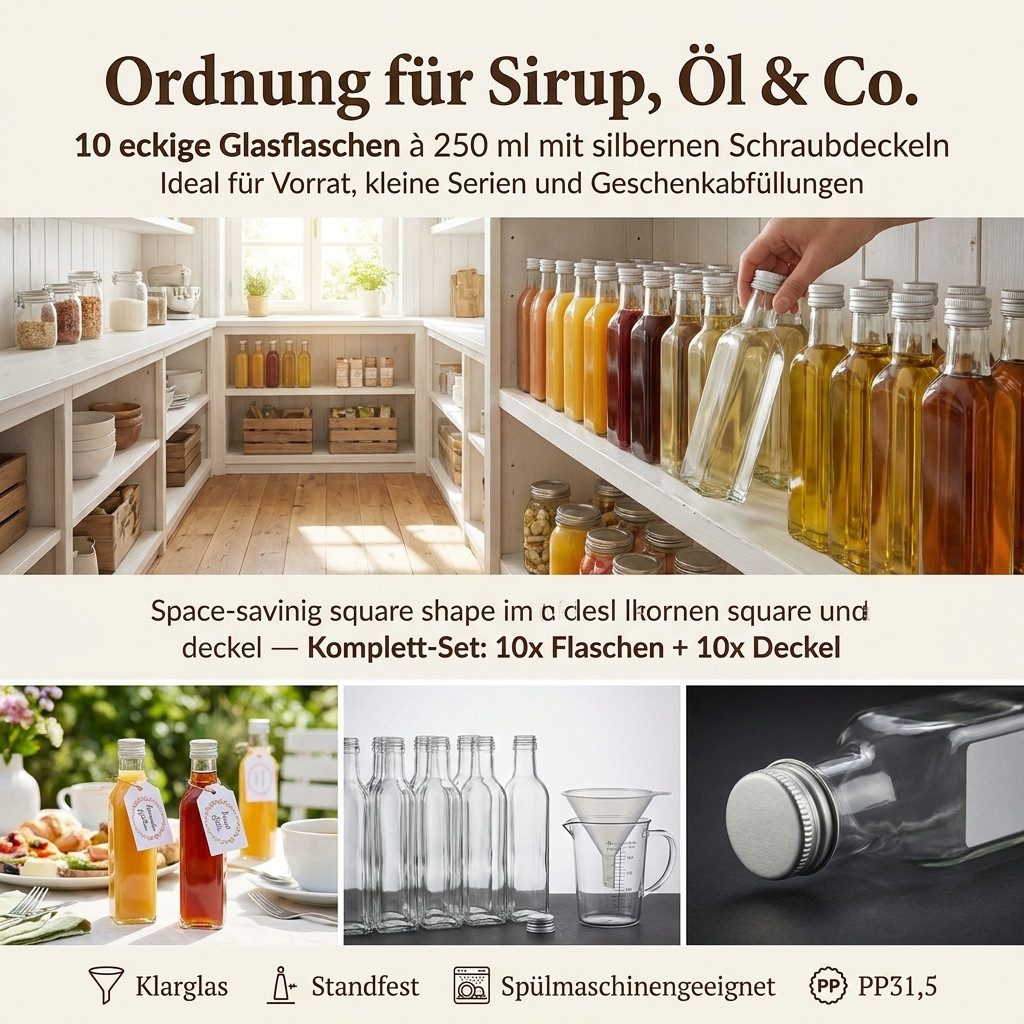 gouveo Trinkflasche Glasflaschen 250 ml Maraska mit Schraub-Deckel - Leere Likörflasche, Eckige Maraska-Form, Schraubverschluss PP 31,5, spülmaschinengeeignet