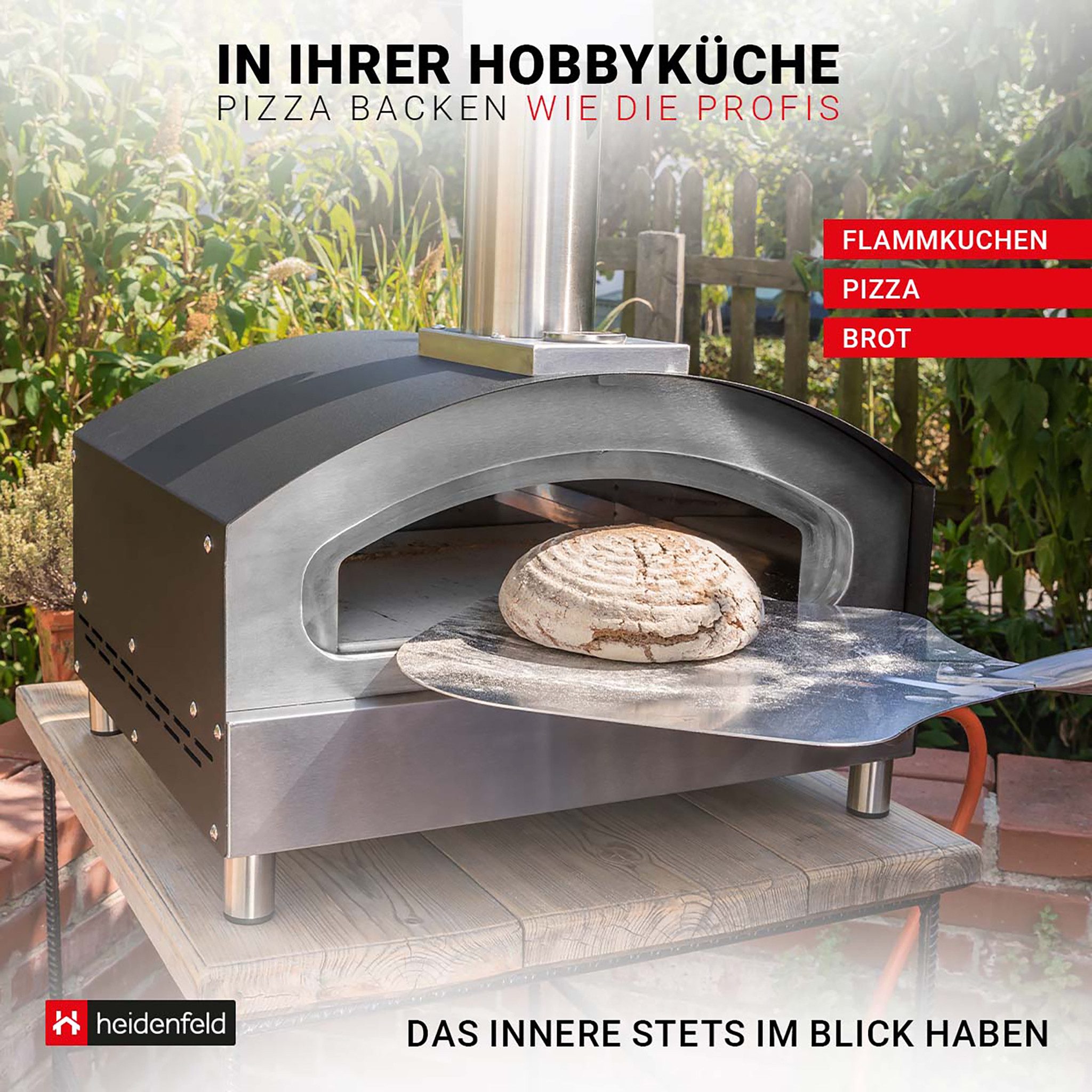 Heidenfeld Gas-Pizzaofen Gas Pizzaofen Venezia inkl. Pizzastein - Gasofen bis 500°C, Edelstahl Brot Backofen - Outdoor Gas Ofen - Pizzagrill, perfekte Hitzedämmung, leichte und schnelle Reinigung, Pizzamaker - Thermometer bis 540°C - Edelstahl-Schlot mit Regenschutz