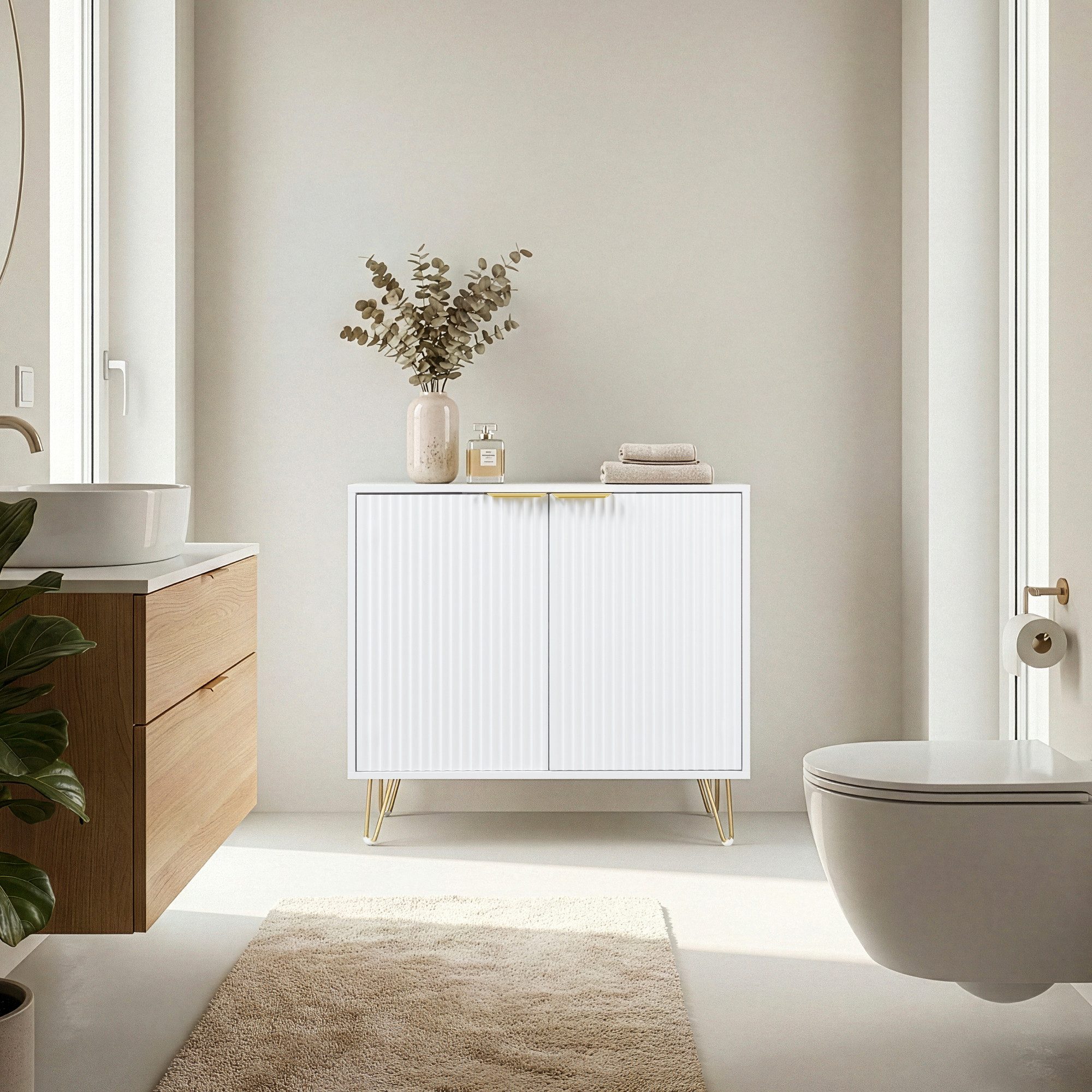 en.casa Mehrzweckschrank »Trondi« 75x80x40 cm mit 2 geriffelten Türen und 2 Fächern Weiß