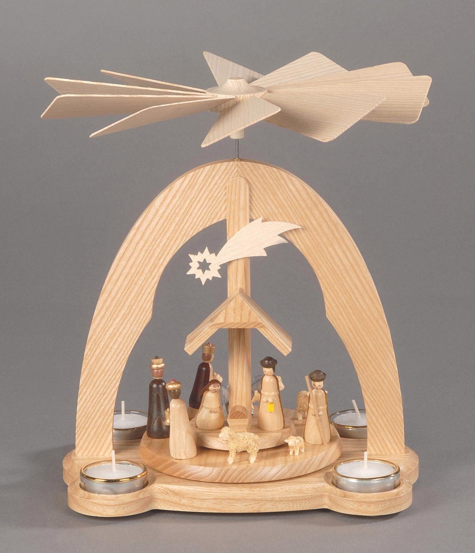 Albin Preissler Weihnachtspyramide Tischpyramide - Christi Geburt, Handwerkskunst aus dem Erzgebirge, 3 Etagen, Weihnachtsdeko aus Holz