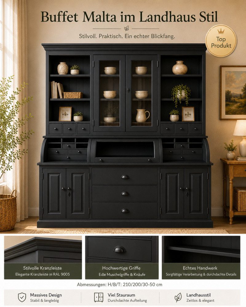 Wohnpalast Buffet Landhaus Buffet Schrank Malta Ladenschrank schwarz 200 cm
