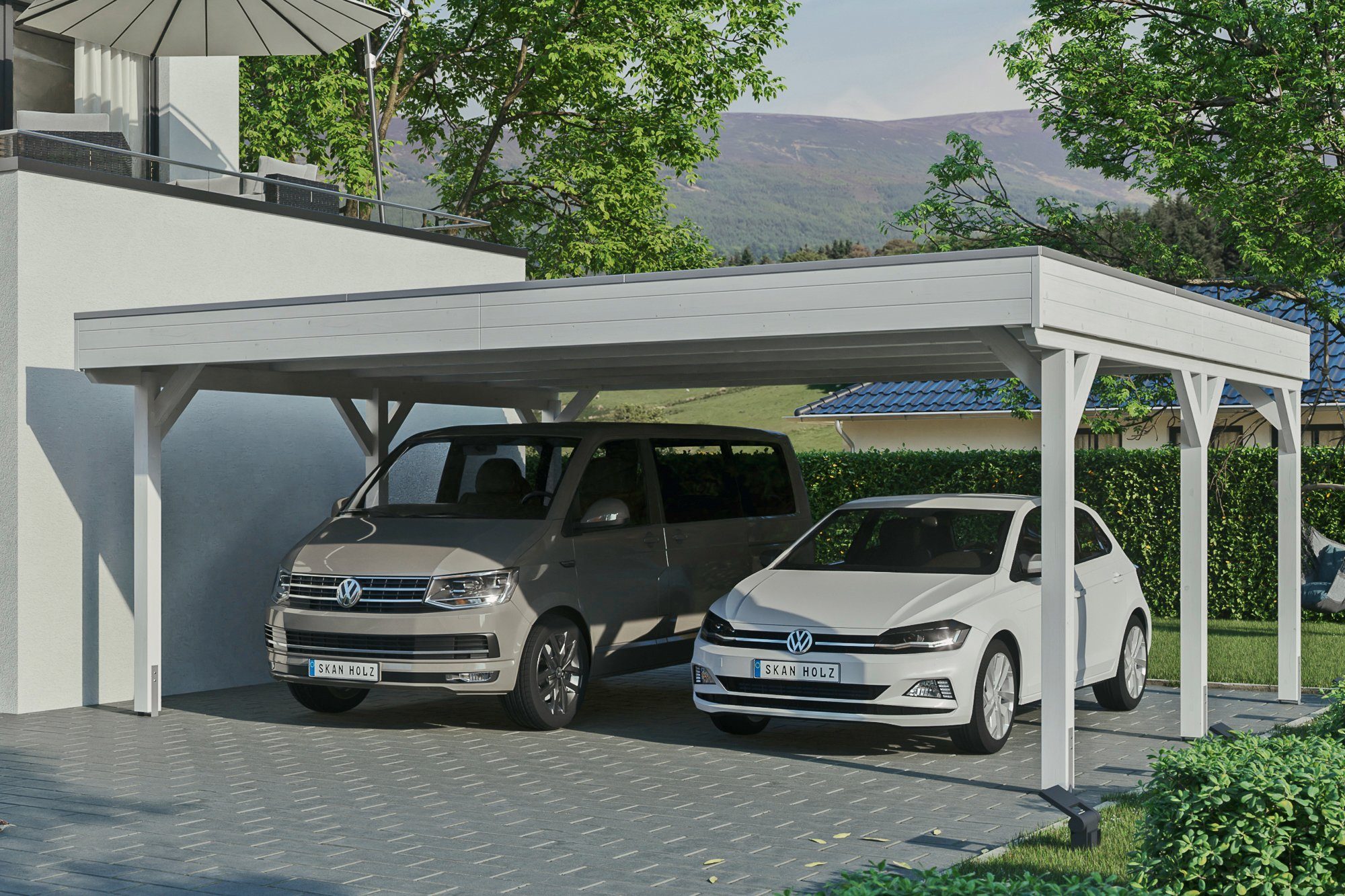 Skanholz Doppelcarport mit cm Flachdach farblich Grunewald, BxT: in weiß behandelt 590 Aluminium-Dachplatten, cm, Aluminiumdach, mit 622x554 Einfahrtshöhe