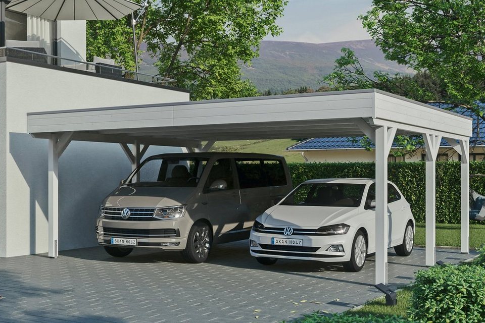 Skanholz Doppelcarport Grunewald, BxT: 622x554 cm, 590 cm Einfahrtshöhe,  mit Aluminiumdach, Flachdach mit Aluminium-Dachplatten, farblich behandelt  in weiß