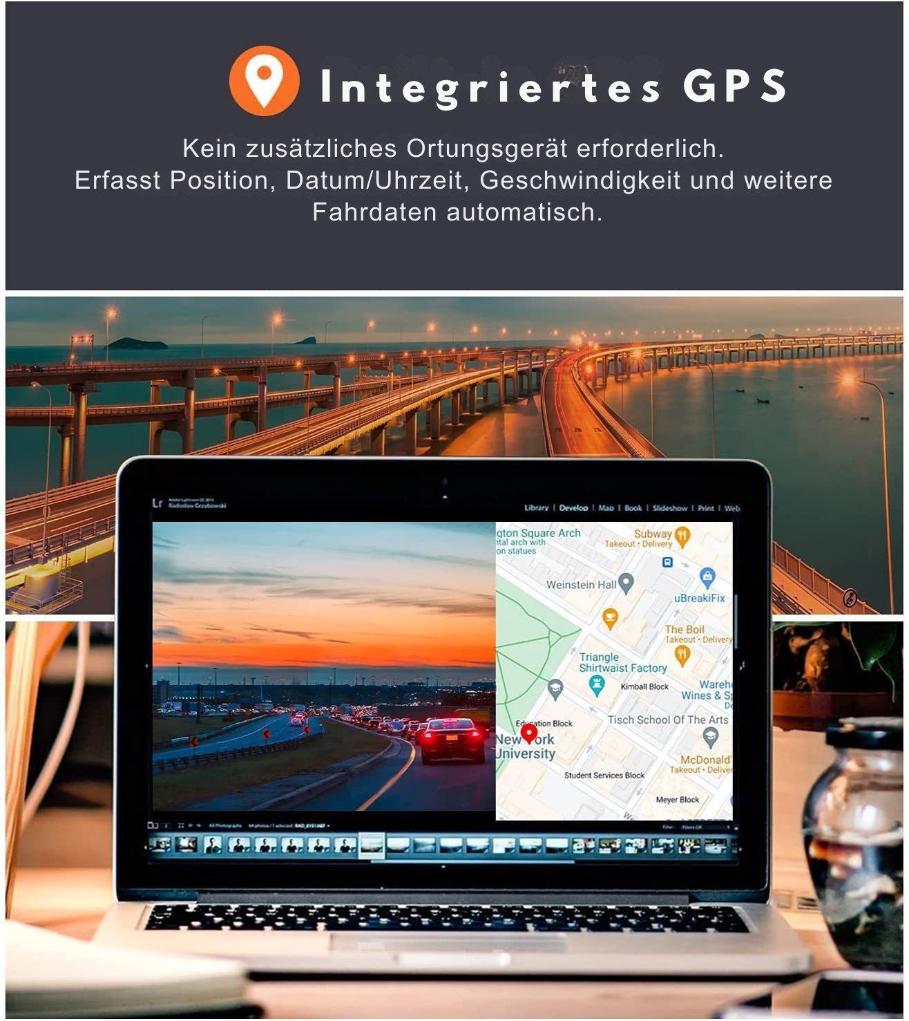 Goldstern-Tech Dashcam (4K Ultra HD, Wifi, Dashcam mit Front-, Rück- & Innenkamera, 3-Kanal, WLAN, IPS-Display, Night Vision, G-Sensor & Parküberwachung)