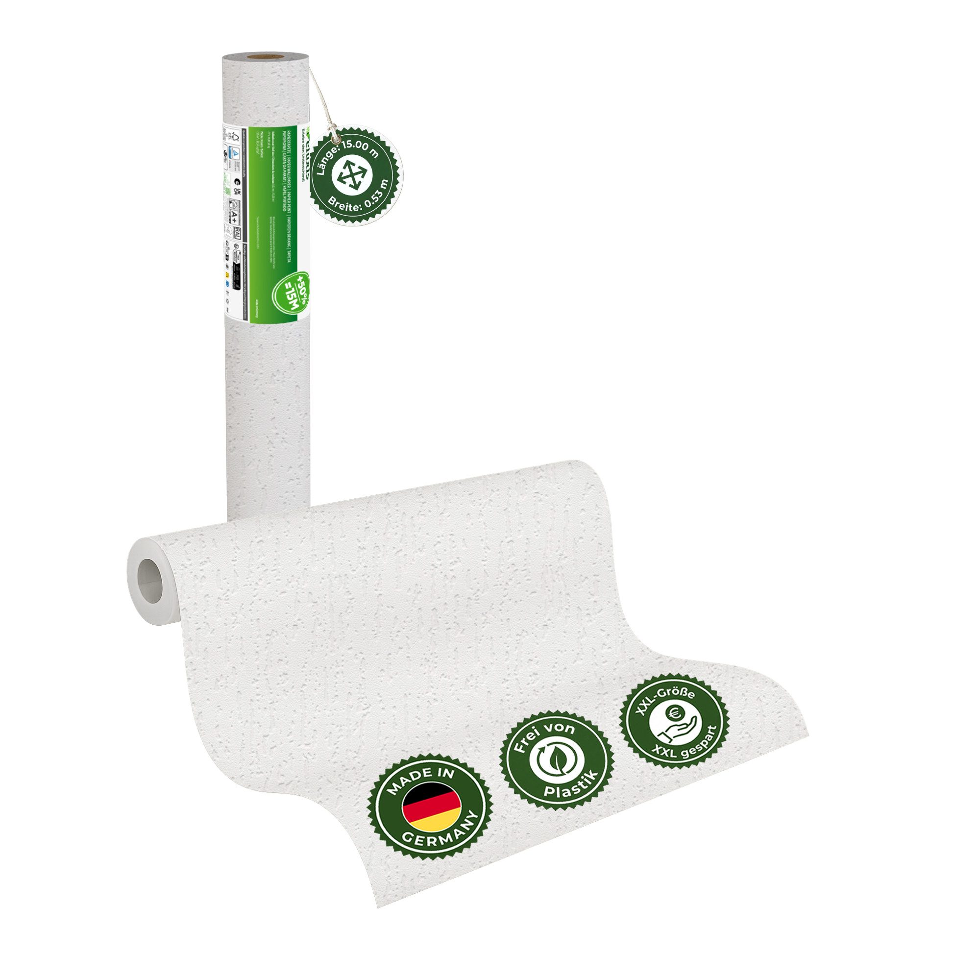 Veluxis Malervlies GRANDIOSO Papiertapete XXL Rolle 15m x 0,53m, (1-St), Matt & leicht strukturiert – stoßfest – Made in Germany