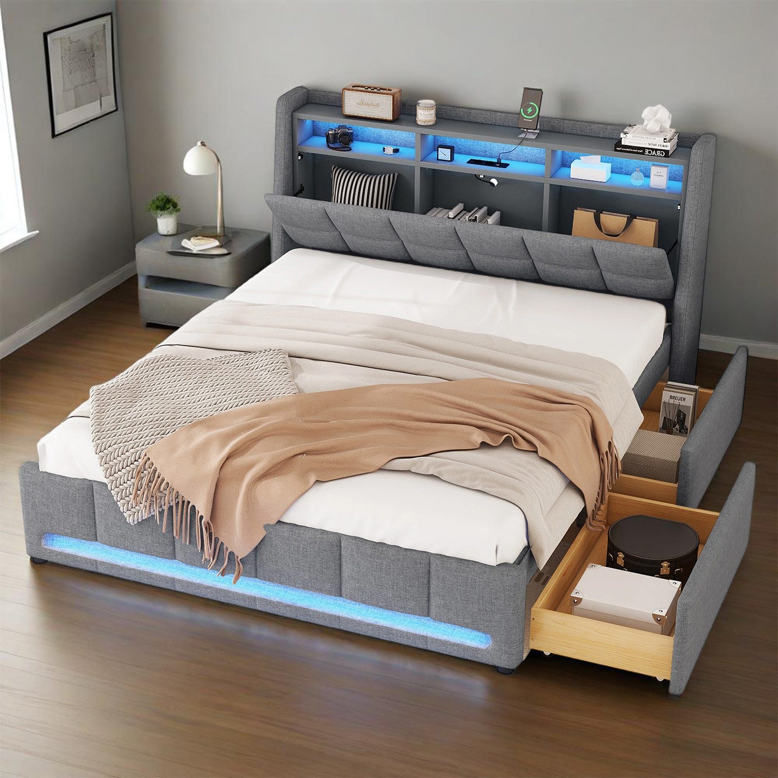 OKWISH Polsterbett Stauraumbett Kinderbett Gästebett Funktionsbett Doppelbett Jugendbett (mit USB-Ladeanschluss, LED-Ambientebeleuchtung & Schubladen – Ideal für Schlafzimmer und Jugendzimmer, 160x200 cm), Ohne Matratze