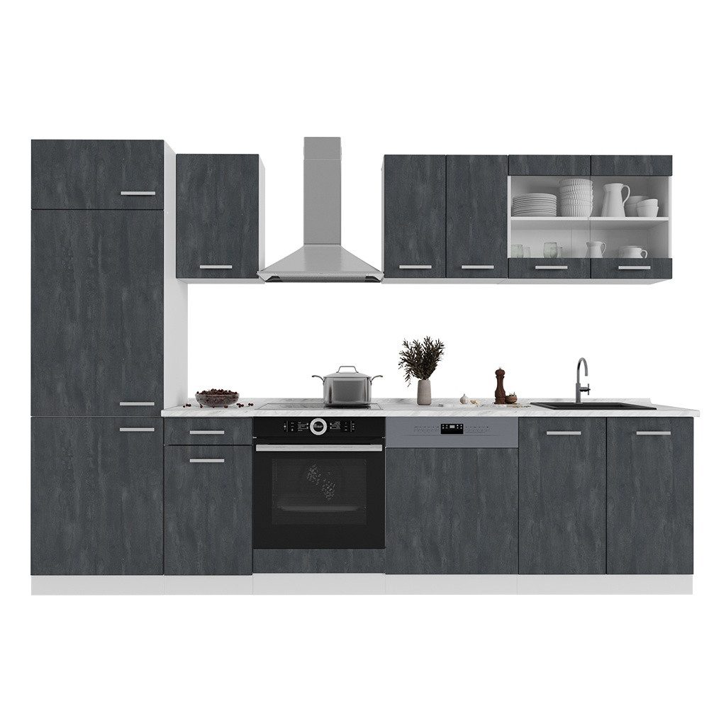 Vicco Küchenzeile R-Line, Schwarz Beton/Weiß, 300 cm ohne Arbeitsplatte