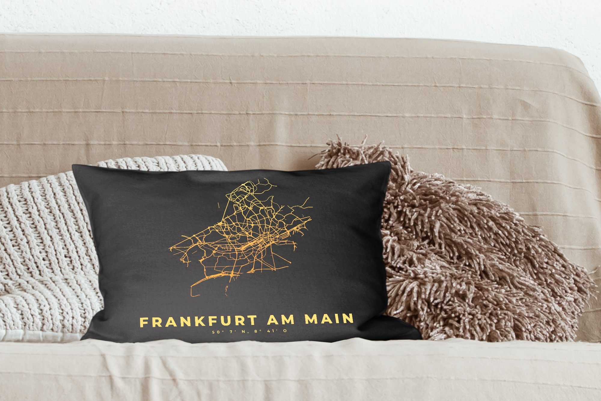 - - Schlafzimmer Dekokissen Gold Frankfurt Füllung, - Zierkissen, Dekokissen Stadtplan - Wohzimmer MuchoWow mit Dekoration, Karte, Karte