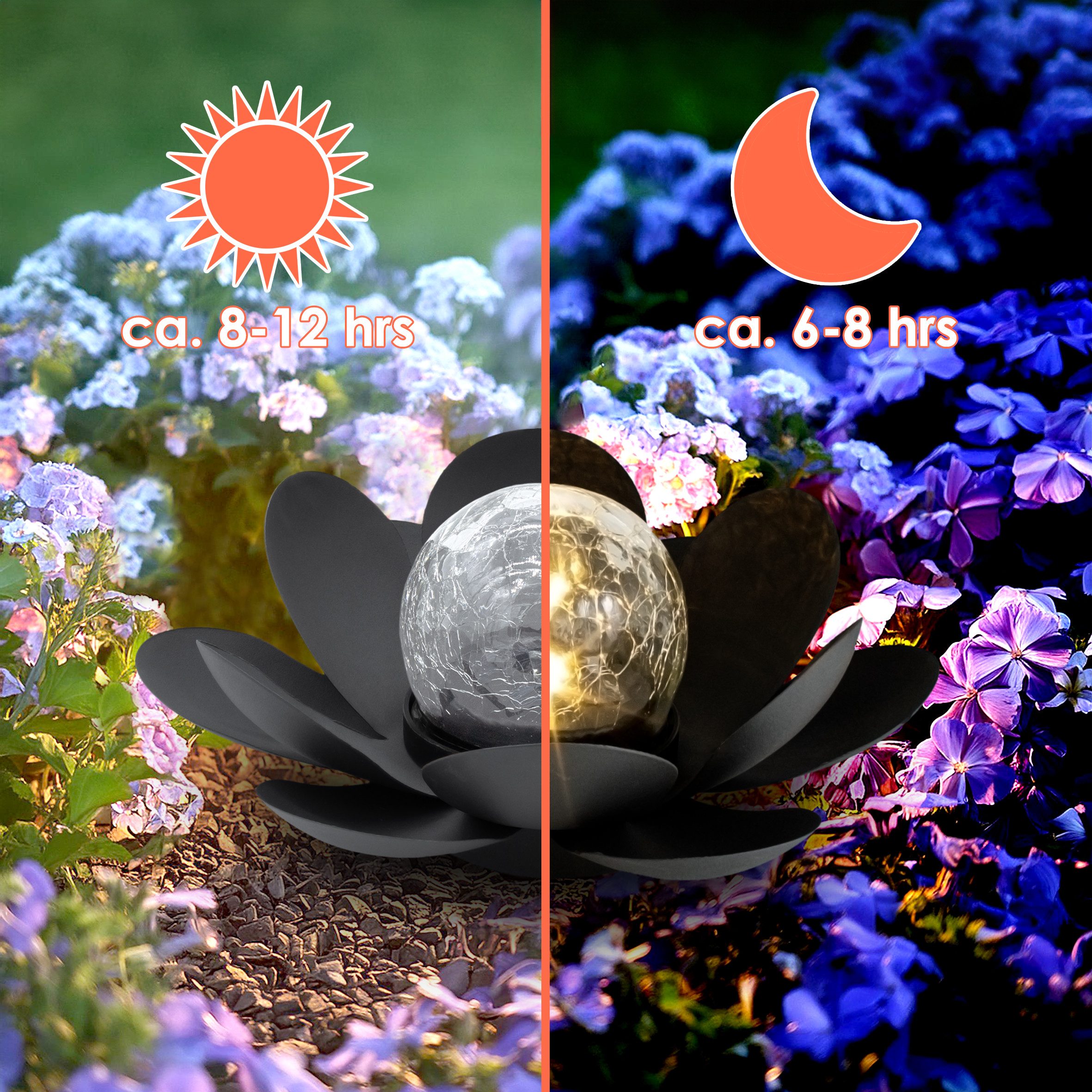 Spetebo LED Solarleuchte LED Solar Lotusblüte schwarz mit Crackleglas Kugel - 24 x 10 cm, Einschaltautomatik, LED fest integriert, warmweiß, Garten Deko Kugelle – Bild 5 von 5