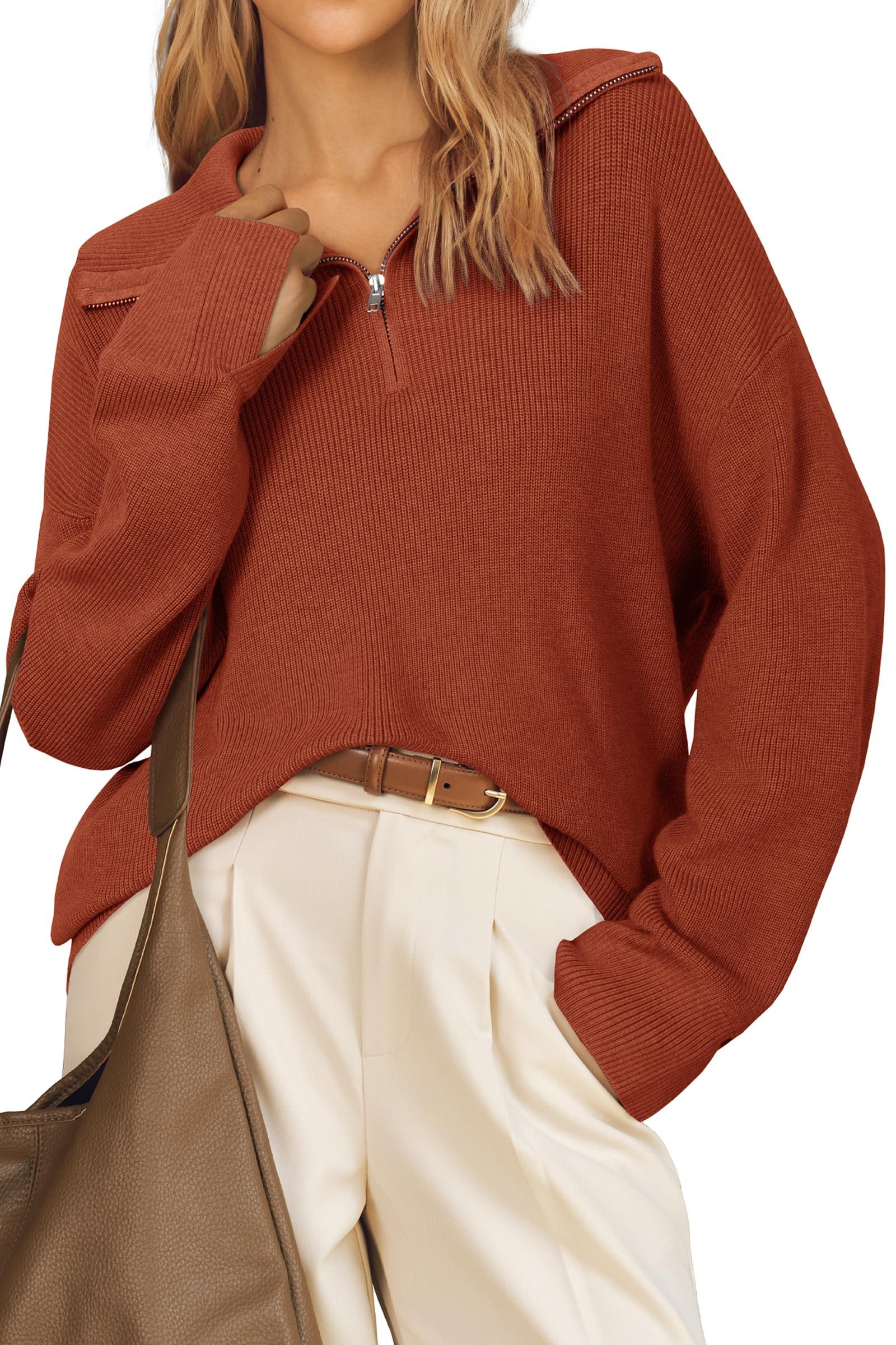 Arach&Cloz Strickpullover Pullover Damen Wolle Blend Langarm Elegant Halber Reißverschluss Polo Sweater Locker Herbst Winter Tops