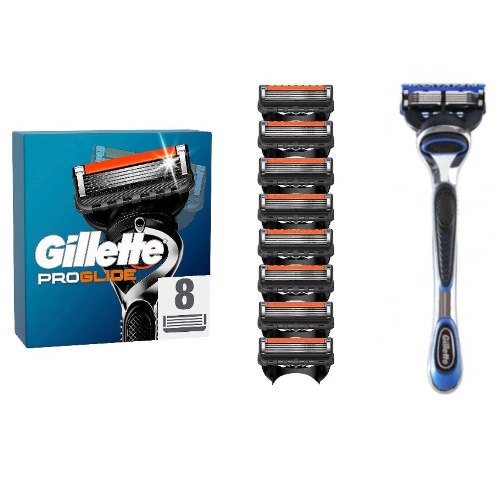 Gillette Rasierset Gillette Fusion ProGlide 1x Rasierer Inkl. 1x Klinge + 8x Klingen, 10-tlg., Rasierset Shave Gillette kompatibel Wechselklinge Beauty, Flexible Klingen Für empfindliche Haut Rasur Rasierset Gleitstreifen